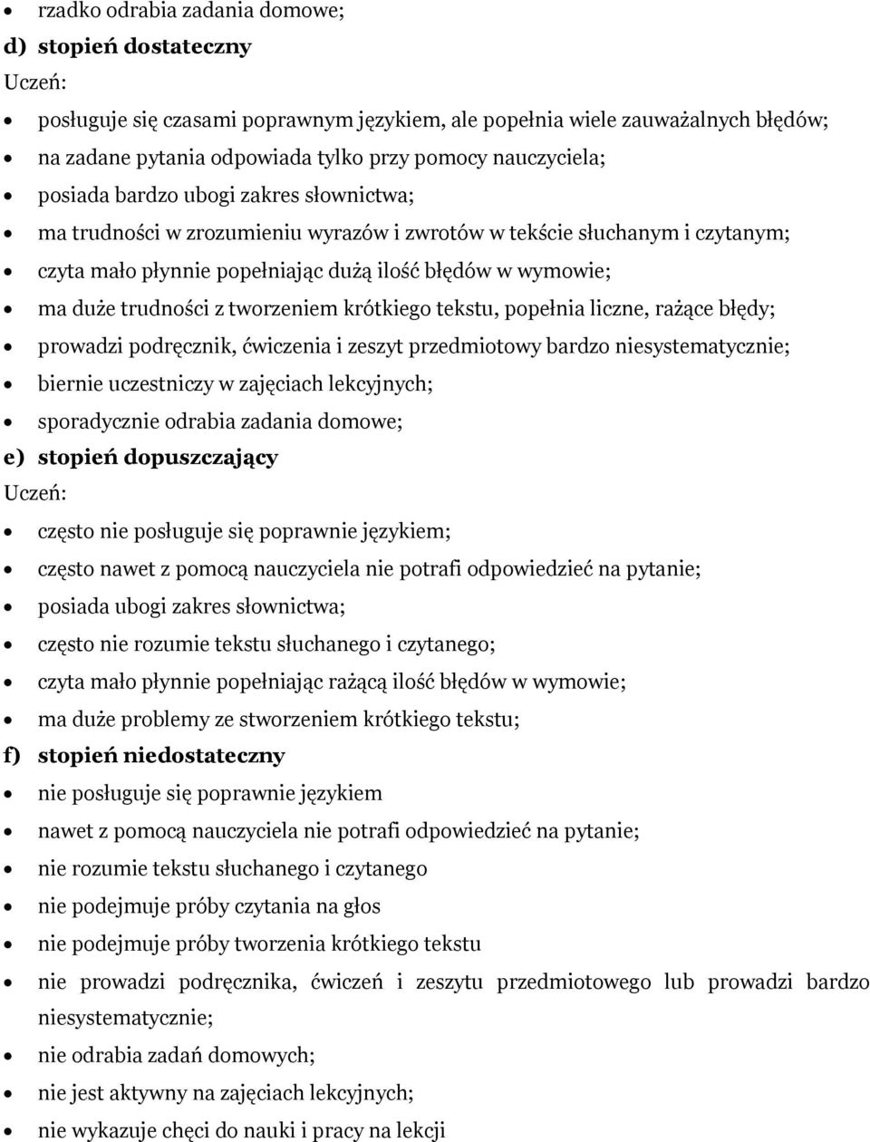 rażące błędy; prowadzi podręcznik, ćwiczenia i zeszyt przedmiotowy bardzo niesystematycznie; biernie uczestniczy w zajęciach lekcyjnych; sporadycznie odrabia zadania domowe; e) stopień dopuszczający