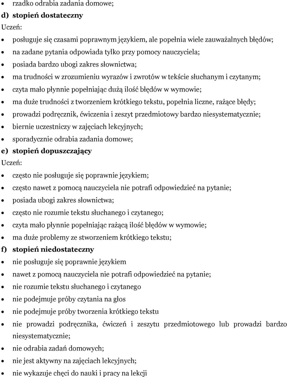 rażące błędy; prowadzi podręcznik, ćwiczenia i zeszyt przedmiotowy bardzo niesystematycznie; biernie uczestniczy w zajęciach lekcyjnych; sporadycznie odrabia zadania domowe; e) stopień dopuszczający