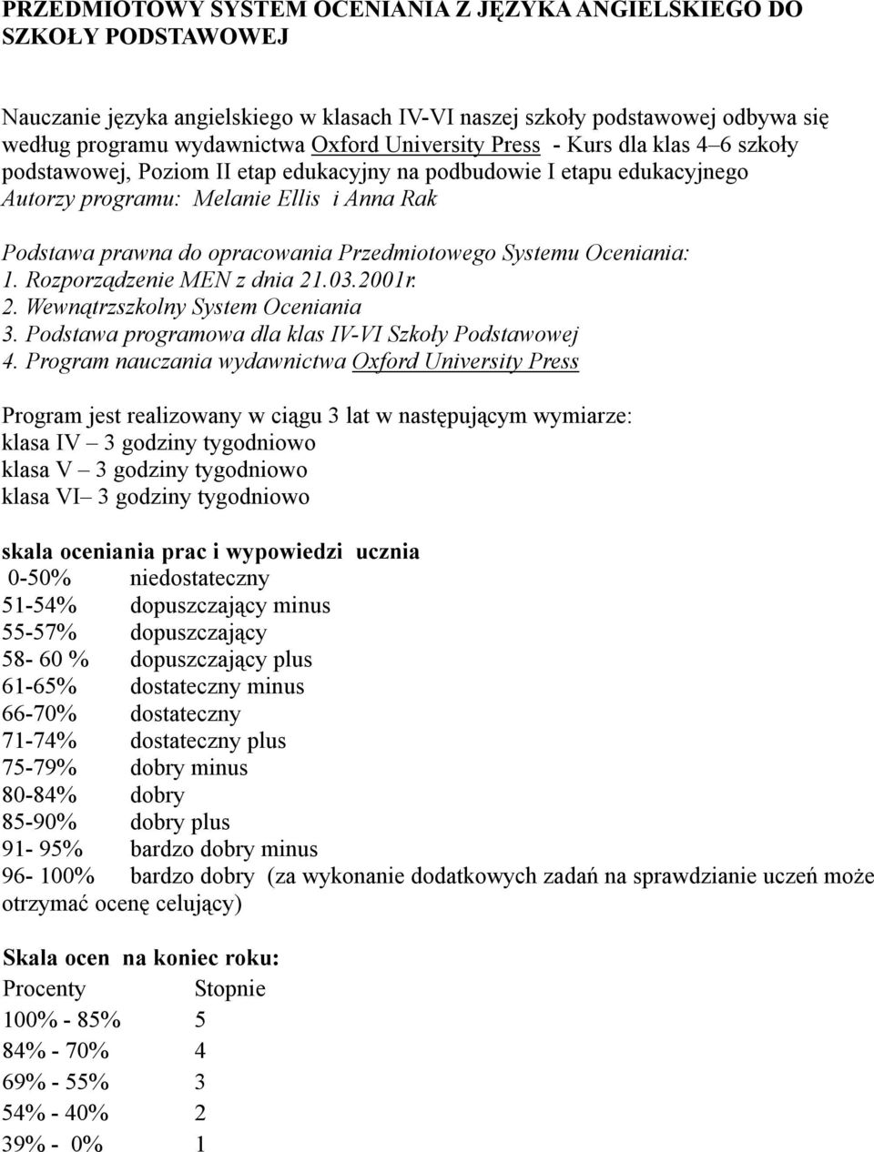 Przedmiotowego Systemu Oceniania: 1. Rozporządzenie MEN z dnia 21.03.2001r. 2. Wewnątrzszkolny System Oceniania 3. Podstawa programowa dla klas IV-VI Szkoły Podstawowej 4.