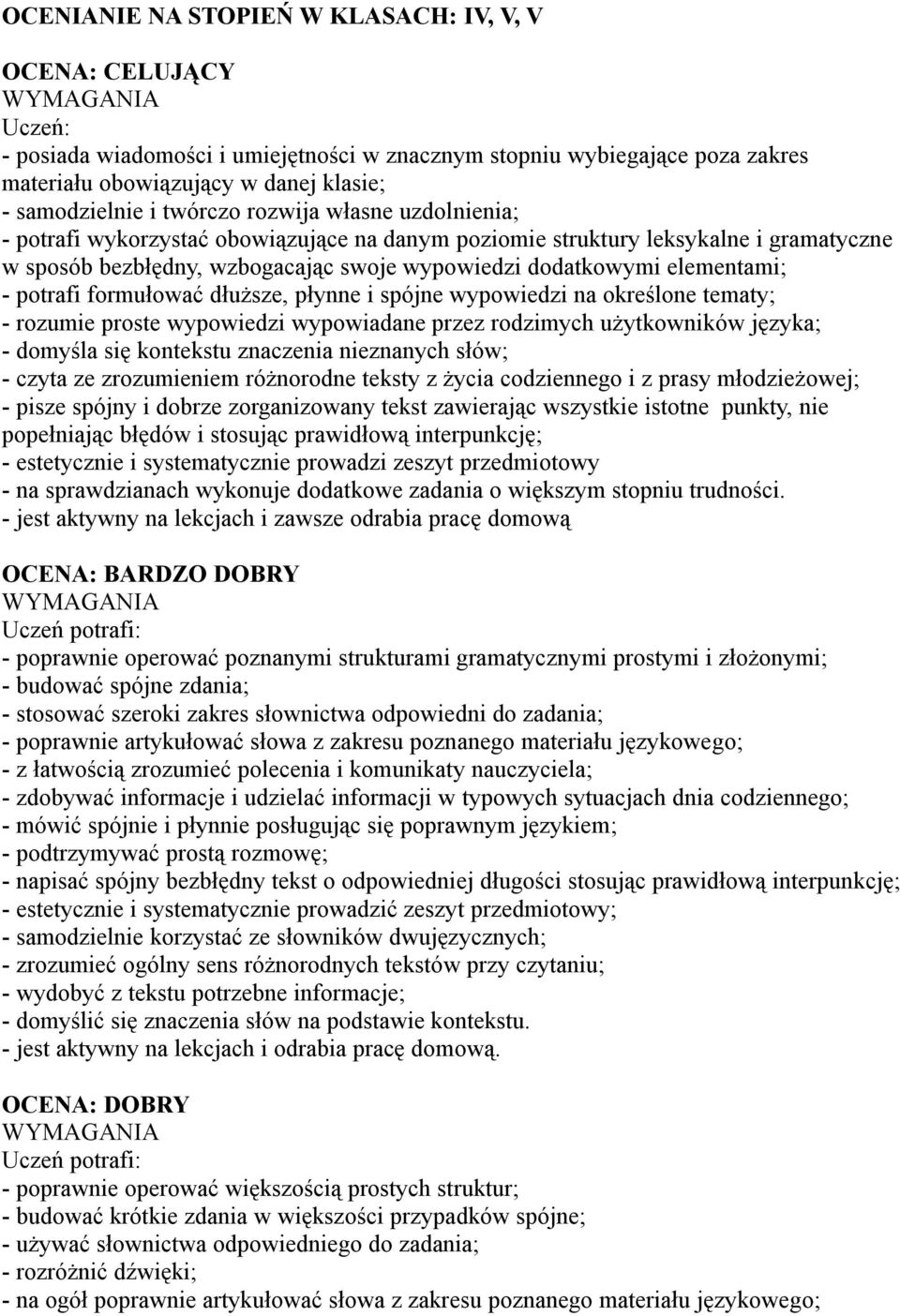 potrafi formułować dłuższe, płynne i spójne wypowiedzi na określone tematy; - rozumie proste wypowiedzi wypowiadane przez rodzimych użytkowników języka; - domyśla się kontekstu znaczenia nieznanych