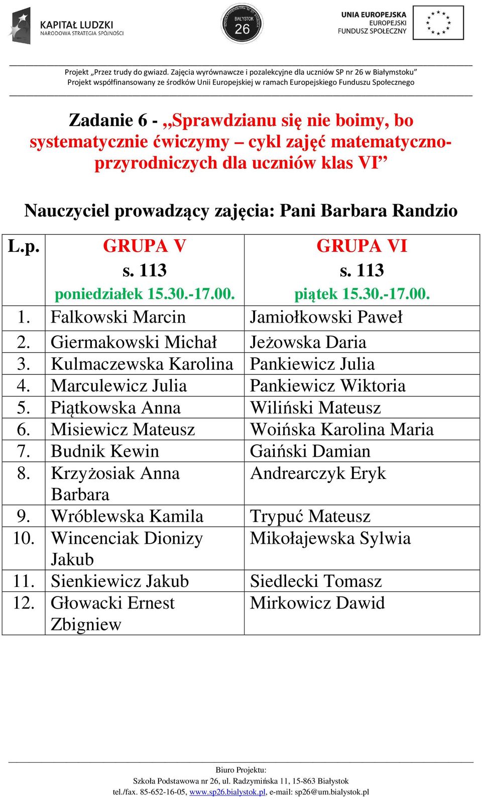 Kulmaczewska Karolina Pankiewicz Julia 4. Marculewicz Julia Pankiewicz Wiktoria 5. Piątkowska Anna Wiliński Mateusz 6. Misiewicz Mateusz Woińska Karolina Maria 7.