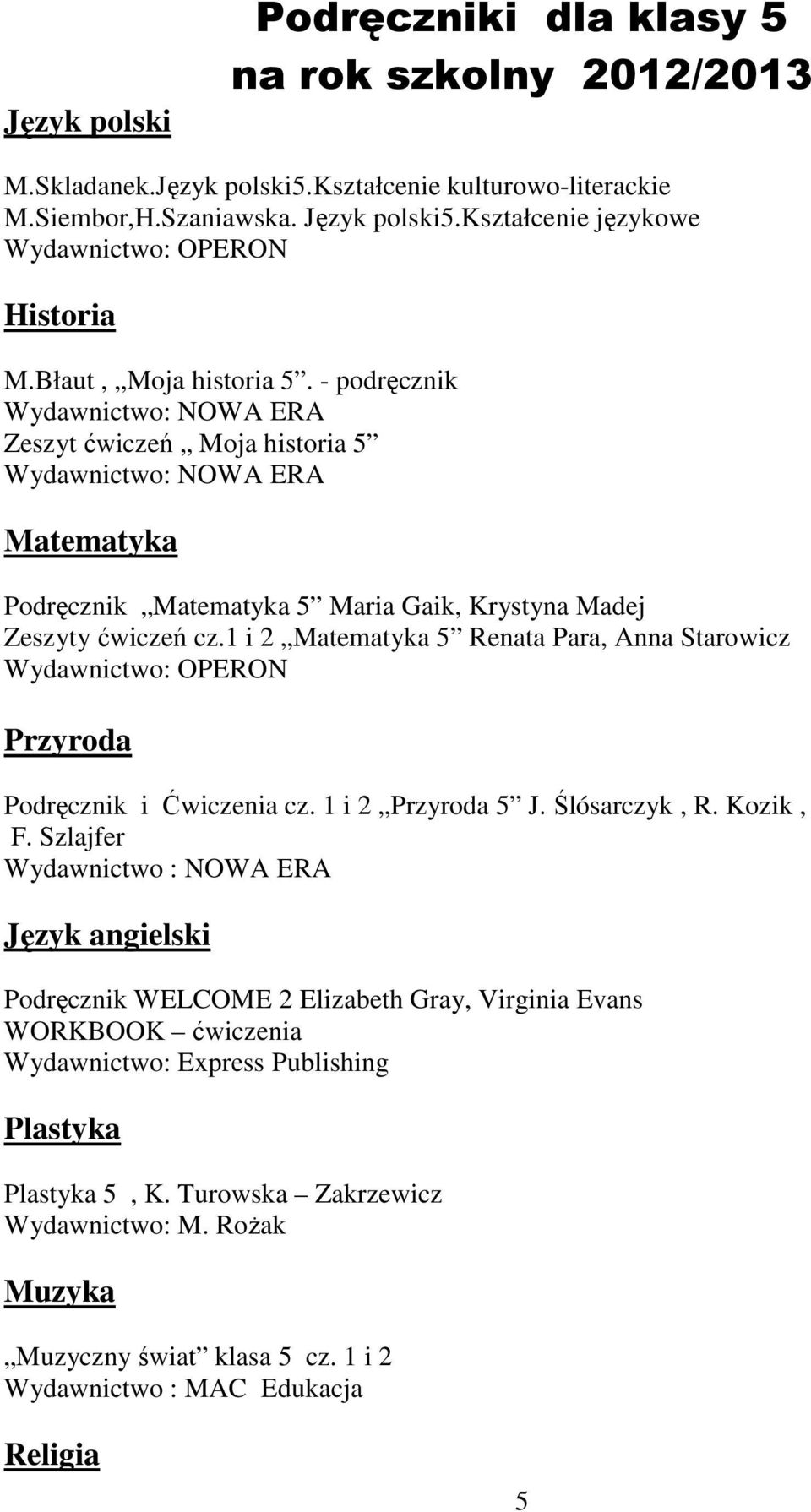 1 i 2 Matematyka 5 Renata Para, Anna Starowicz Wydawnictwo: OPERON Przyroda Podręcznik i Ćwiczenia cz. 1 i 2 Przyroda 5 J. Ślósarczyk, R. Kozik, F.