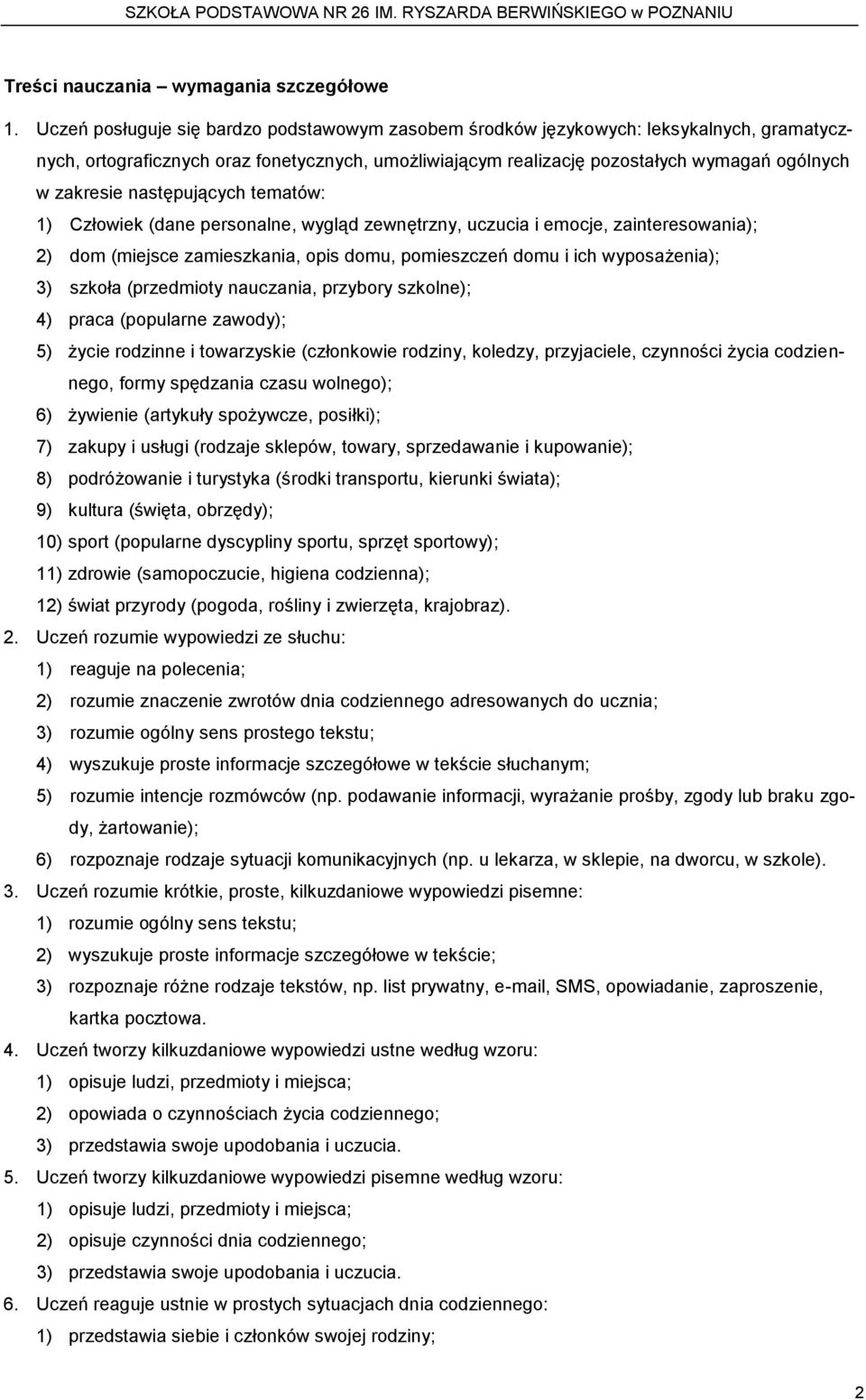 następujących tematów: 1) Człowiek (dane personalne, wygląd zewnętrzny, uczucia i emocje, zainteresowania); 2) dom (miejsce zamieszkania, opis domu, pomieszczeń domu i ich wyposażenia); 3) szkoła