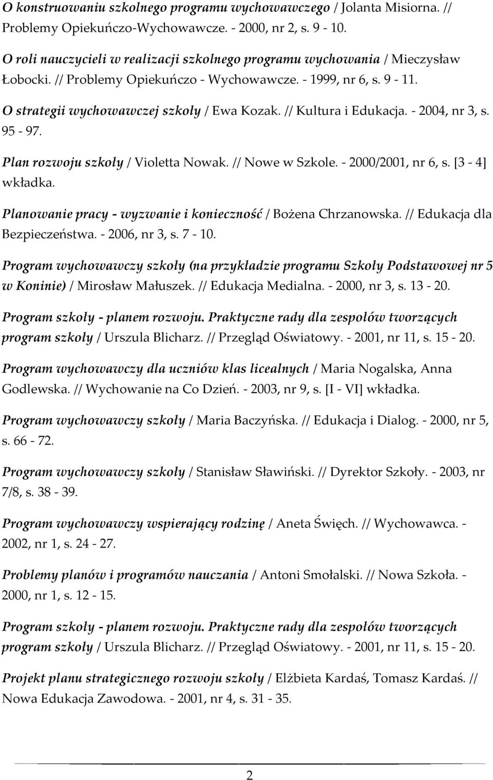 // Kultura i Edukacja. - 2004, nr 3, s. 95-97. Plan rozwoju szkoły / Violetta Nowak. // Nowe w Szkole. - 2000/2001, nr 6, s. [3-4] wkładka.