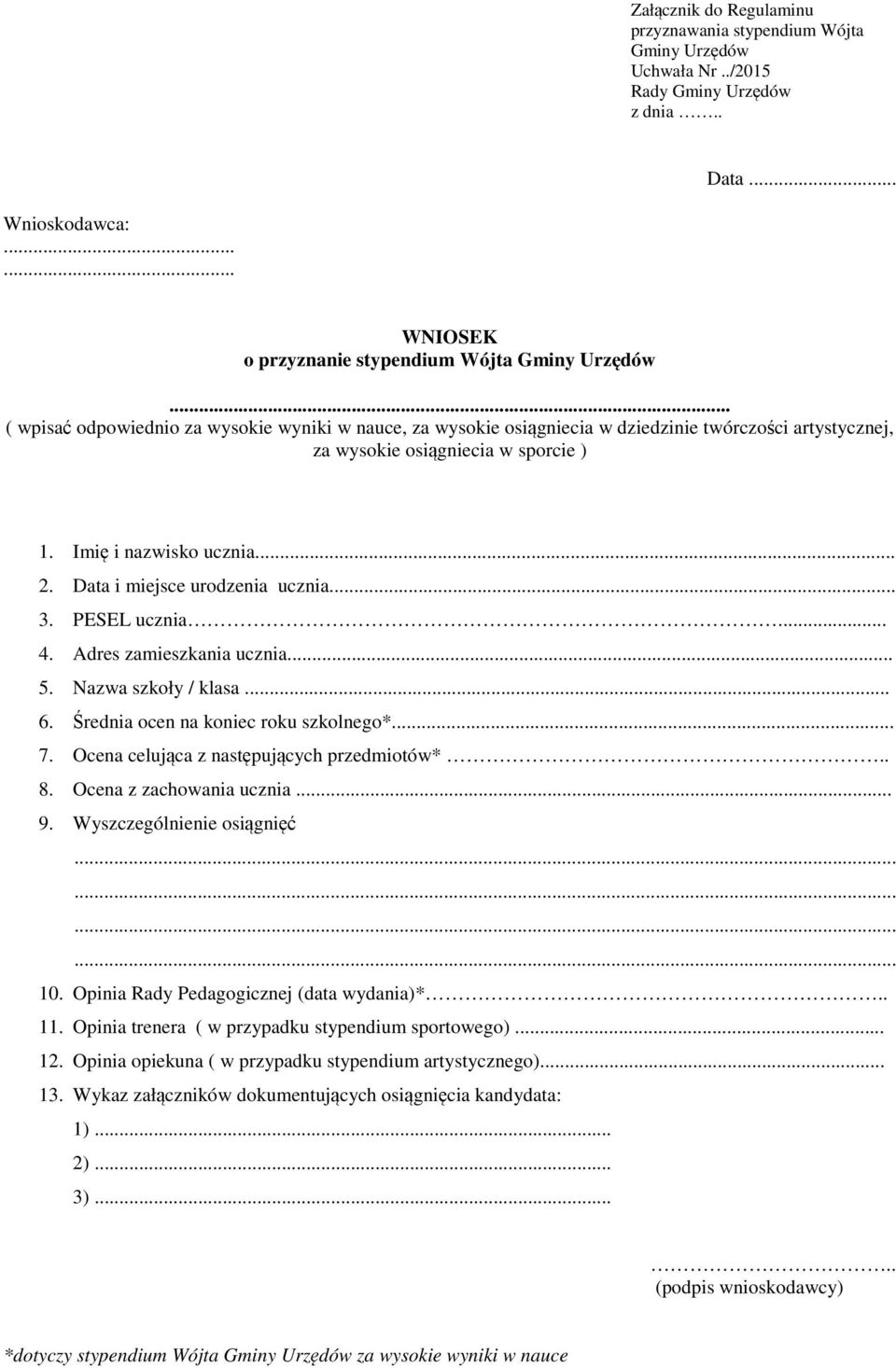 Data i miejsce urodzenia ucznia... 3. PESEL ucznia... 4. Adres zamieszkania ucznia... 5. Nazwa szkoły / klasa... 6. Średnia ocen na koniec roku szkolnego*... 7.