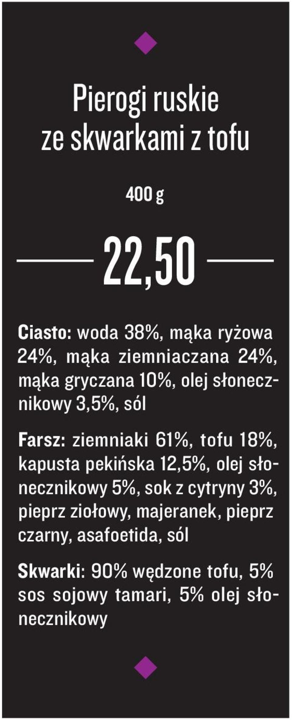 18%, kapusta pekińska 12,5%, olej słonecznikowy 5%, sok z cytryny 3%, pieprz ziołowy,