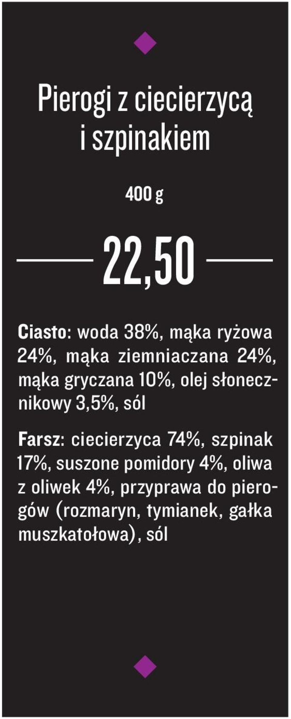 3,5%, sól Farsz: ciecierzyca 74%, szpinak 17%, suszone pomidory 4%, oliwa