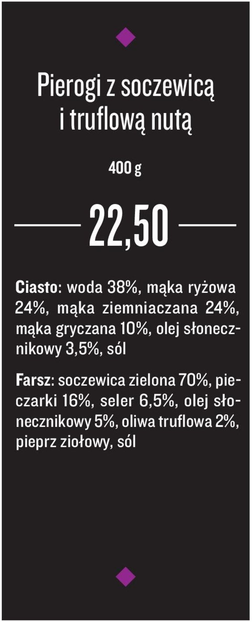 słonecznikowy 3,5%, sól Farsz: soczewica zielona 70%, pieczarki