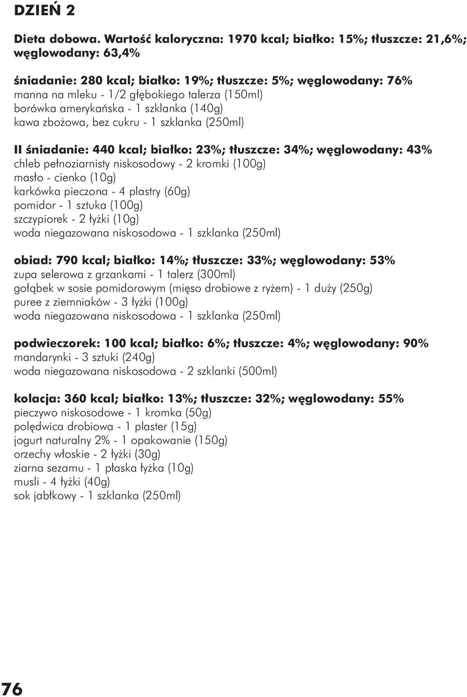 borówka amerykańska - 1 szklanka (140g) kawa zbożowa, bez cukru - 1 szklanka (250ml) II śniadanie: 440 kcal; białko: 23%; tłuszcze: 34%; węglowodany: 43% chleb pełnoziarnisty niskosodowy - 2 kromki