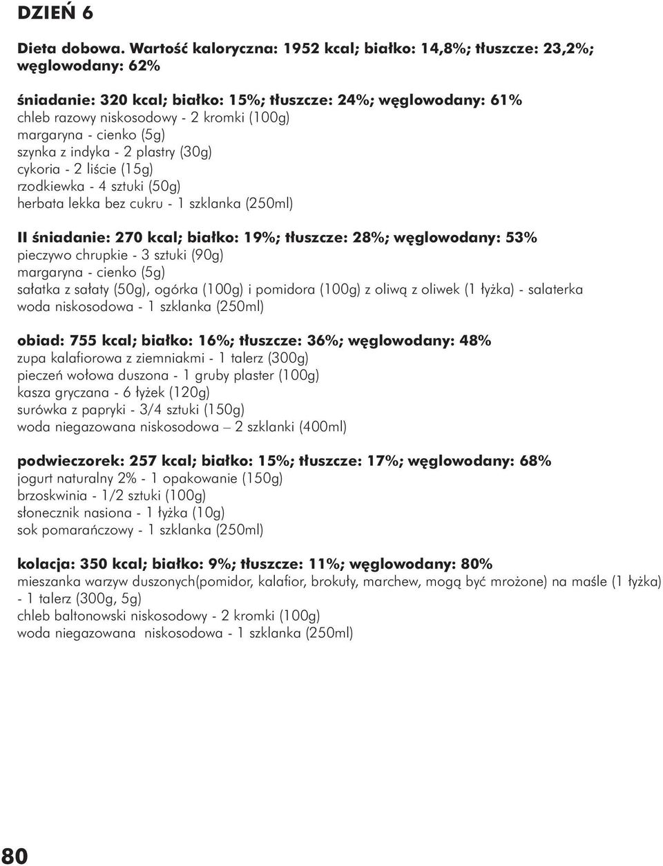 indyka - 2 plastry (30g) cykoria - 2 liście (15g) rzodkiewka - 4 sztuki (50g) herbata lekka bez cukru - 1 szklanka (250ml) II śniadanie: 270 kcal; białko: 19%; tłuszcze: 28%; węglowodany: 53%