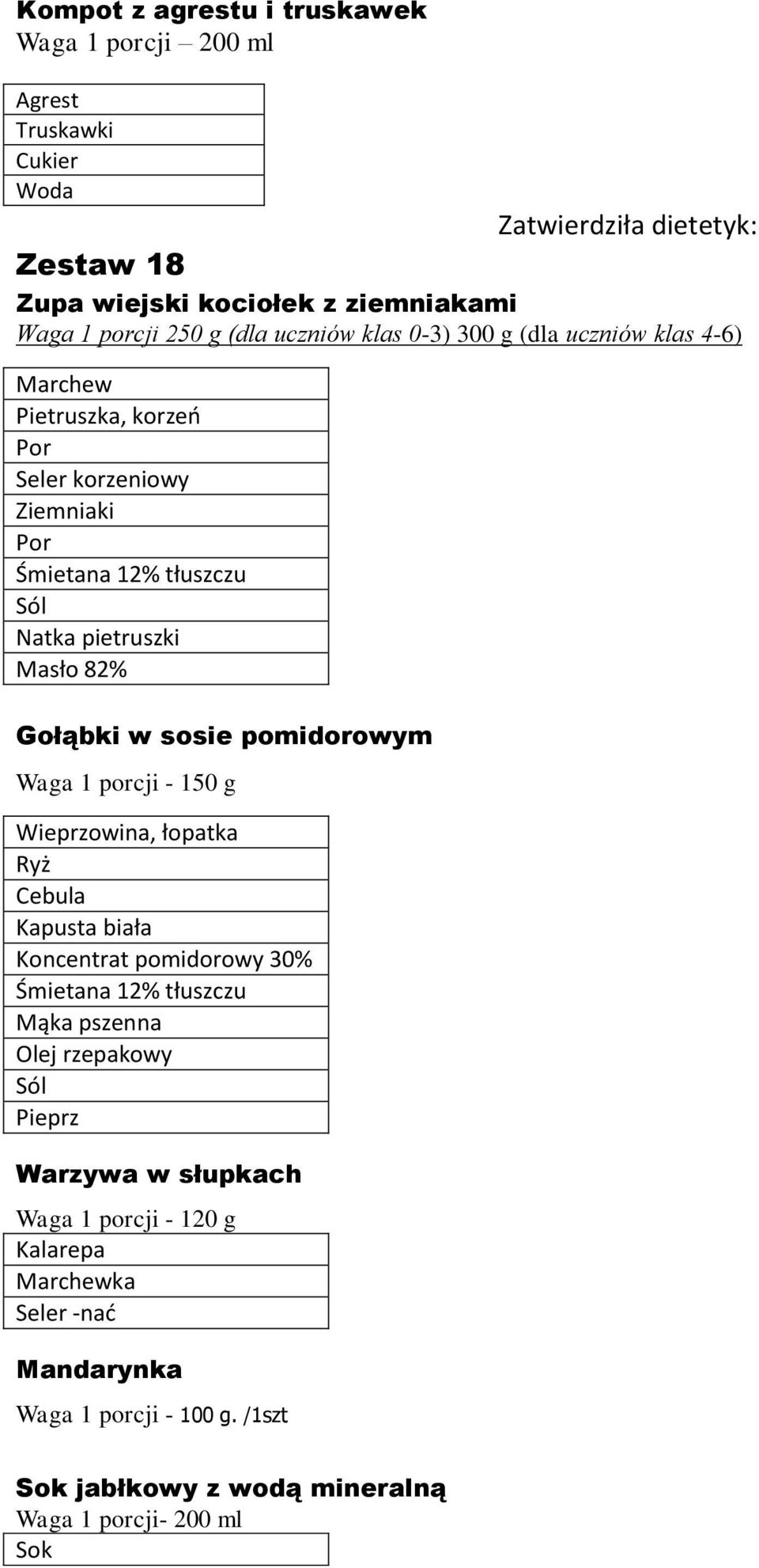 Ryż Cebula Kapusta biała Koncentrat pomidorowy 30% Śmietana 12% tłuszczu Mąka pszenna Pieprz Warzywa w słupkach Waga 1