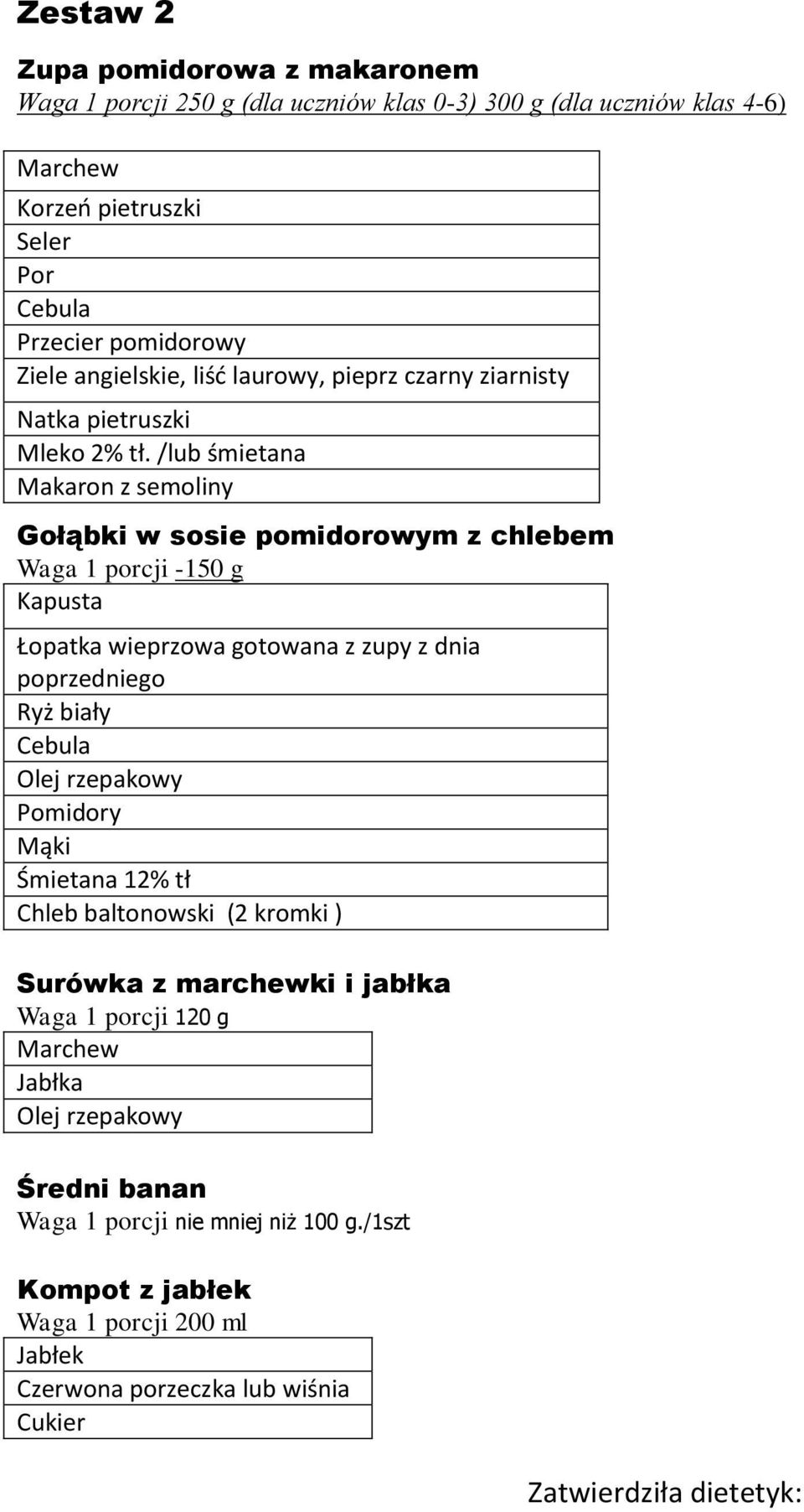 /lub śmietana Makaron z semoliny Gołąbki w sosie pomidorowym z chlebem Waga 1 porcji -150 g Kapusta Łopatka wieprzowa gotowana z zupy z dnia