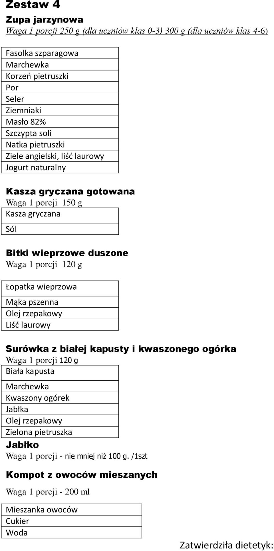 wieprzowa Mąka pszenna Liśd laurowy Surówka z białej kapusty i kwaszonego ogórka Waga 1 porcji 120 g Biała kapusta ka Kwaszony ogórek