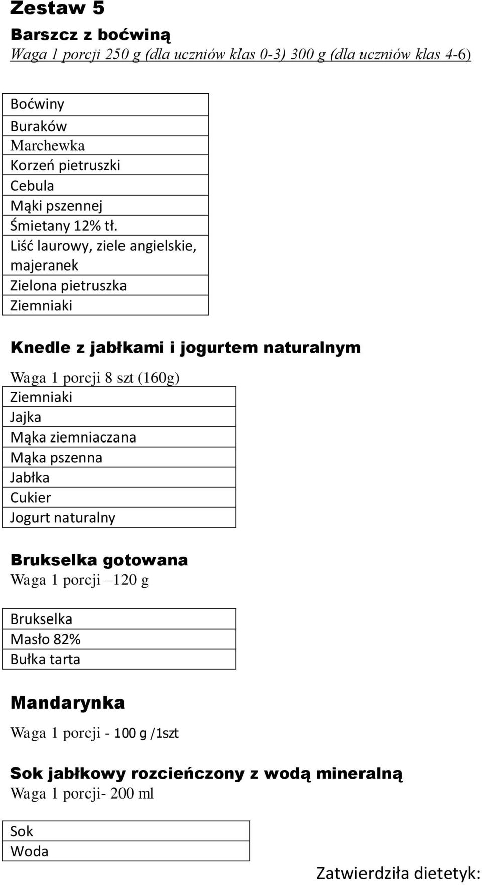 szt (160g) Jajka Mąka ziemniaczana Mąka pszenna Jabłka Cukier Jogurt naturalny Brukselka gotowana Waga 1 porcji 120 g