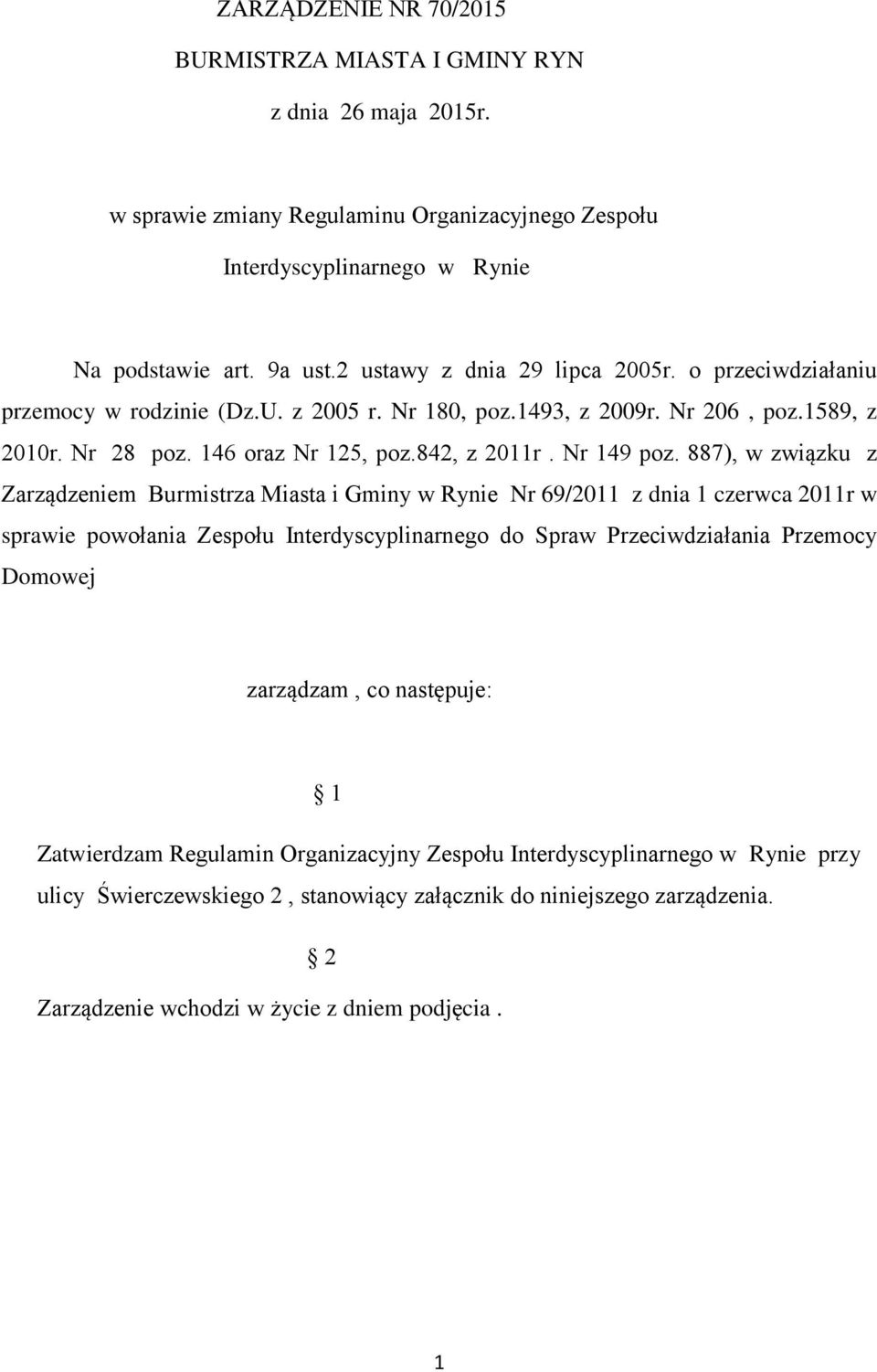 887), w związku z Zarządzeniem Burmistrza Miasta i Gminy w Rynie Nr 69/2011 z dnia 1 czerwca 2011r w sprawie powołania Zespołu Interdyscyplinarnego do Spraw Przeciwdziałania Przemocy Domowej