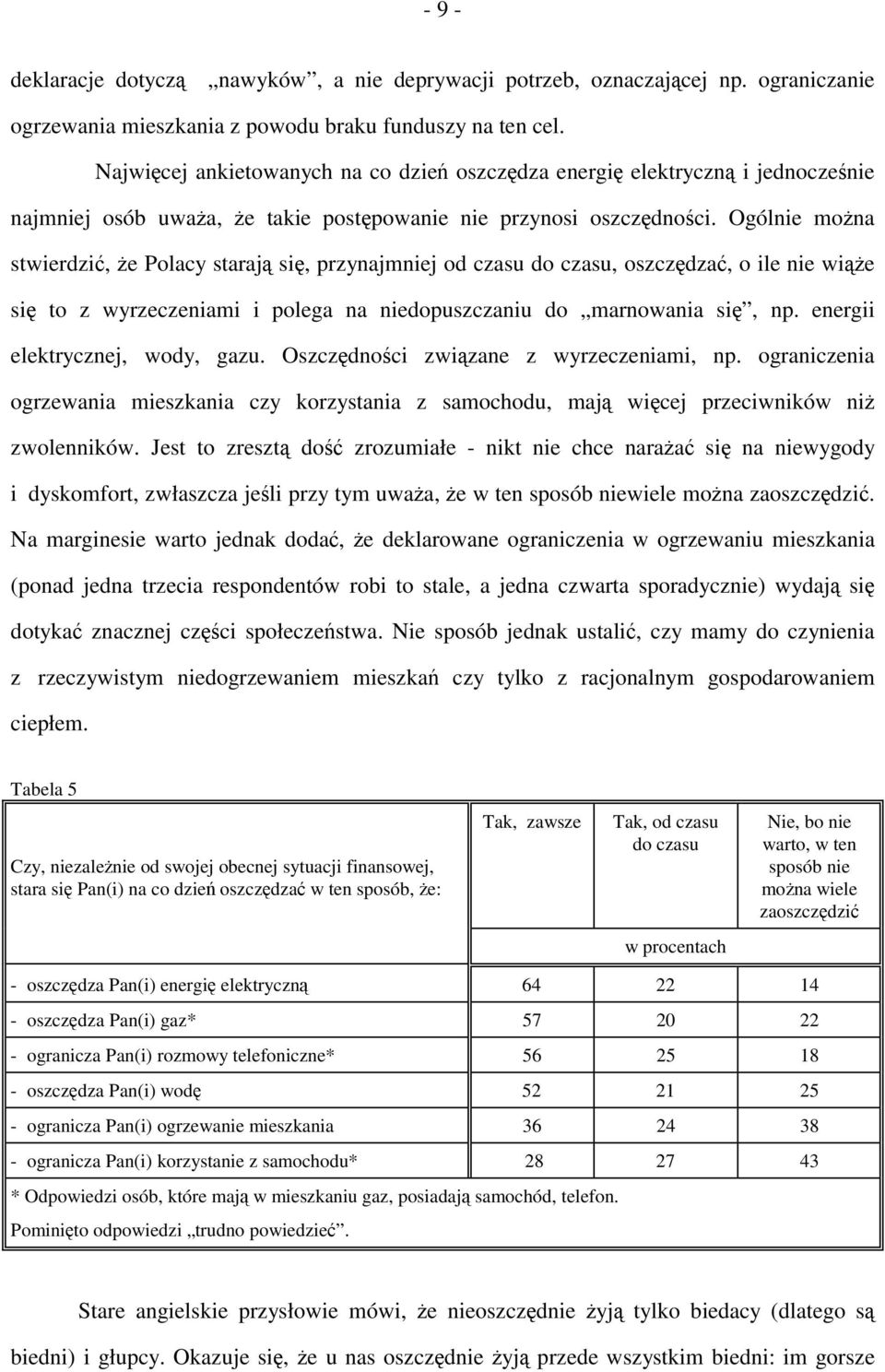 Ogólnie można stwierdzić, że Polacy starają się, przynajmniej od czasu do czasu, oszczędzać, o ile nie wiąże się to z wyrzeczeniami i polega na niedopuszczaniu do marnowania się, np.
