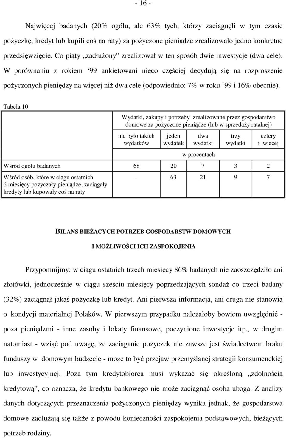 W porównaniu z rokiem 99 ankietowani nieco częściej decydują się na rozproszenie pożyczonych pieniędzy na więcej niż dwa cele (odpowiednio: 7% w roku 99 i 16% obecnie).