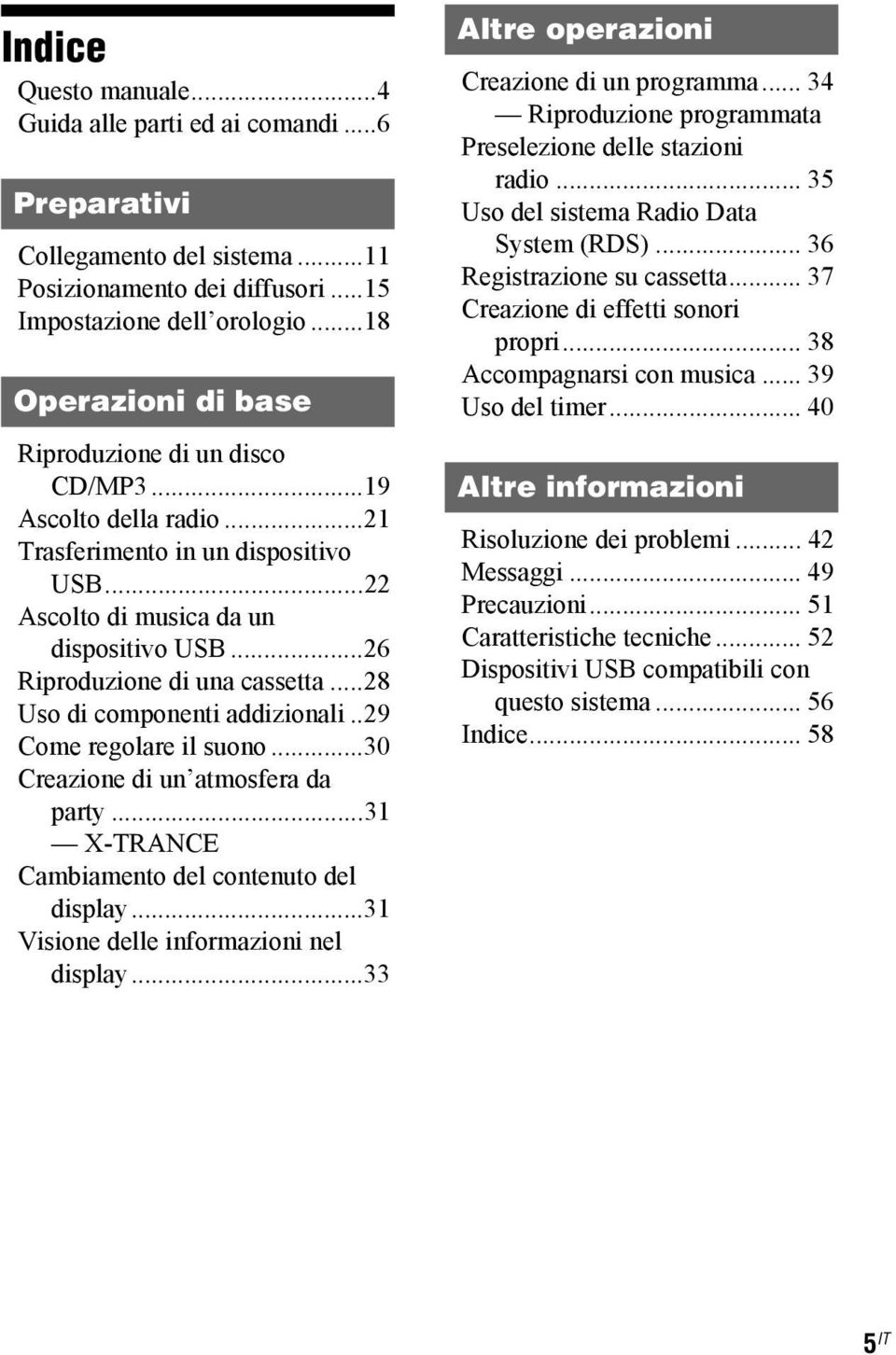..28 Uso di componenti addizionali..29 Come regolare il suono...30 Creazione di un atmosfera da party...31 X-TRANCE Cambiamento del contenuto del display...31 Visione delle informazioni nel display.