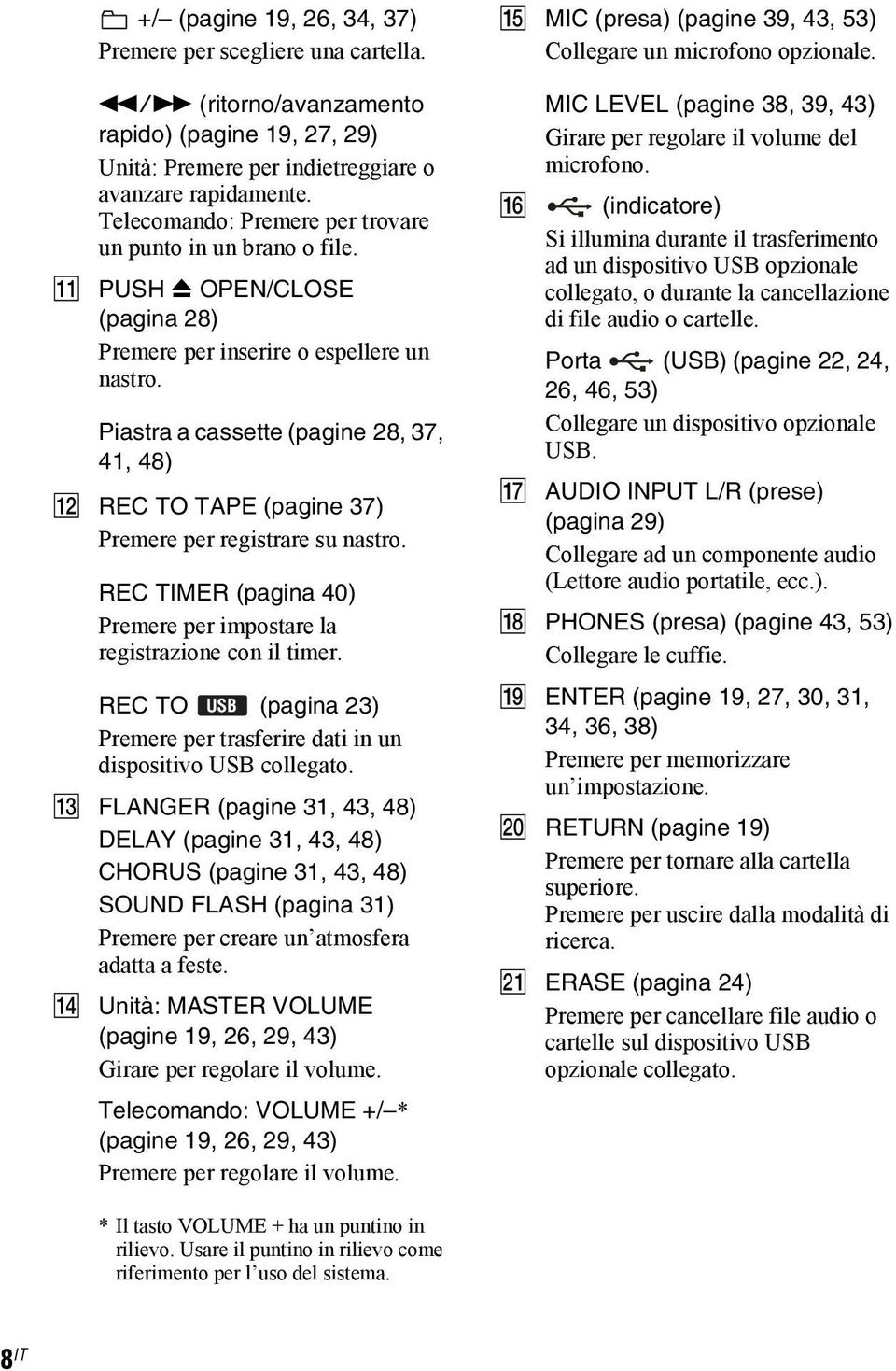 Piastra a cassette (pagine 28, 37, 41, 48) L REC TO TAPE (pagine 37) Premere per registrare su nastro. REC TIMER (pagina 40) Premere per impostare la registrazione con il timer.