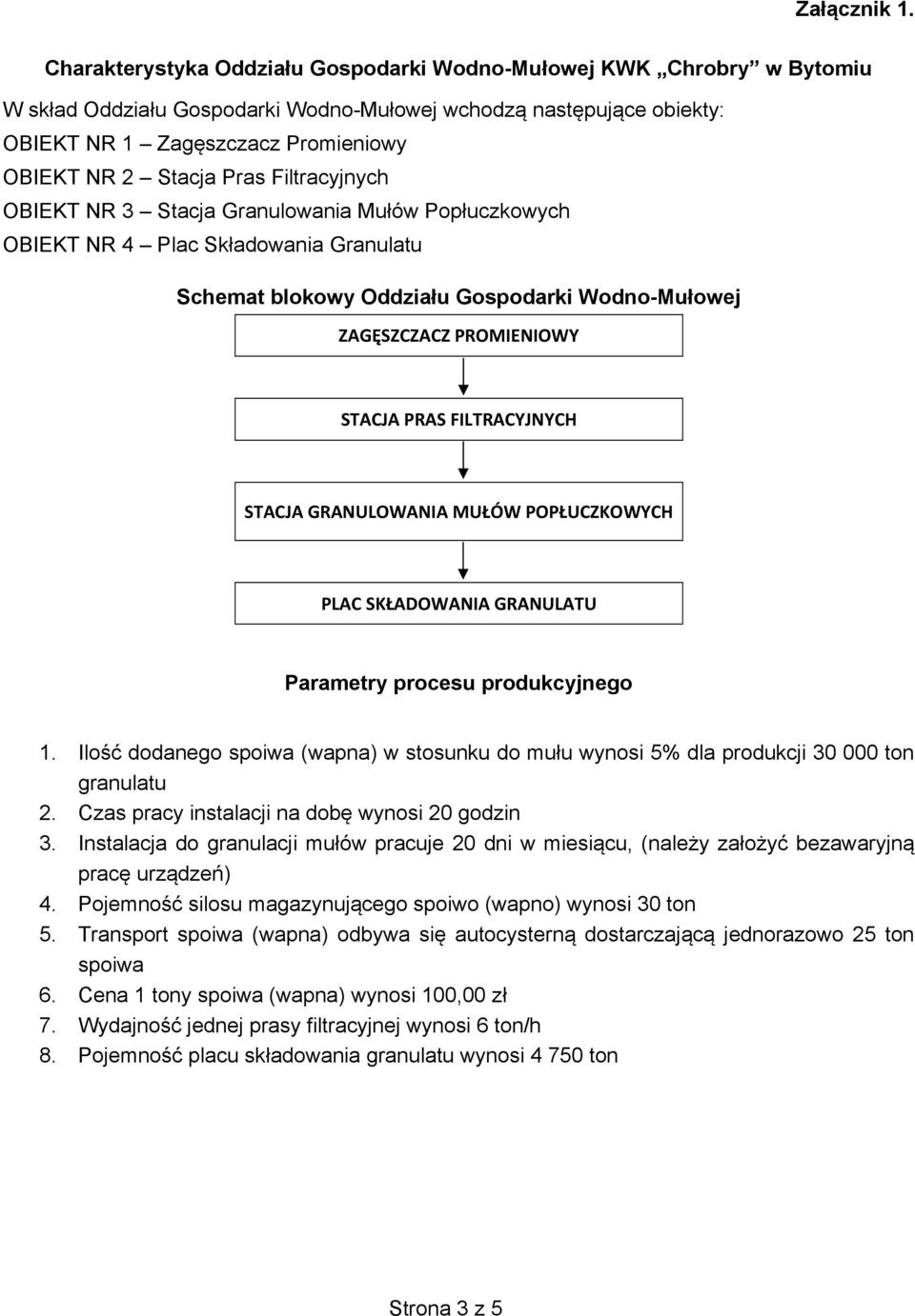 Pras Filtracyjnych OBIEKT NR 3 Stacja Granulowania Mułów Popłuczkowych OBIEKT NR 4 Plac Składowania Granulatu Schemat blokowy Oddziału Gospodarki Wodno-Mułowej ZAGĘSZCZACZ PROMIENIOWY STACJA PRAS