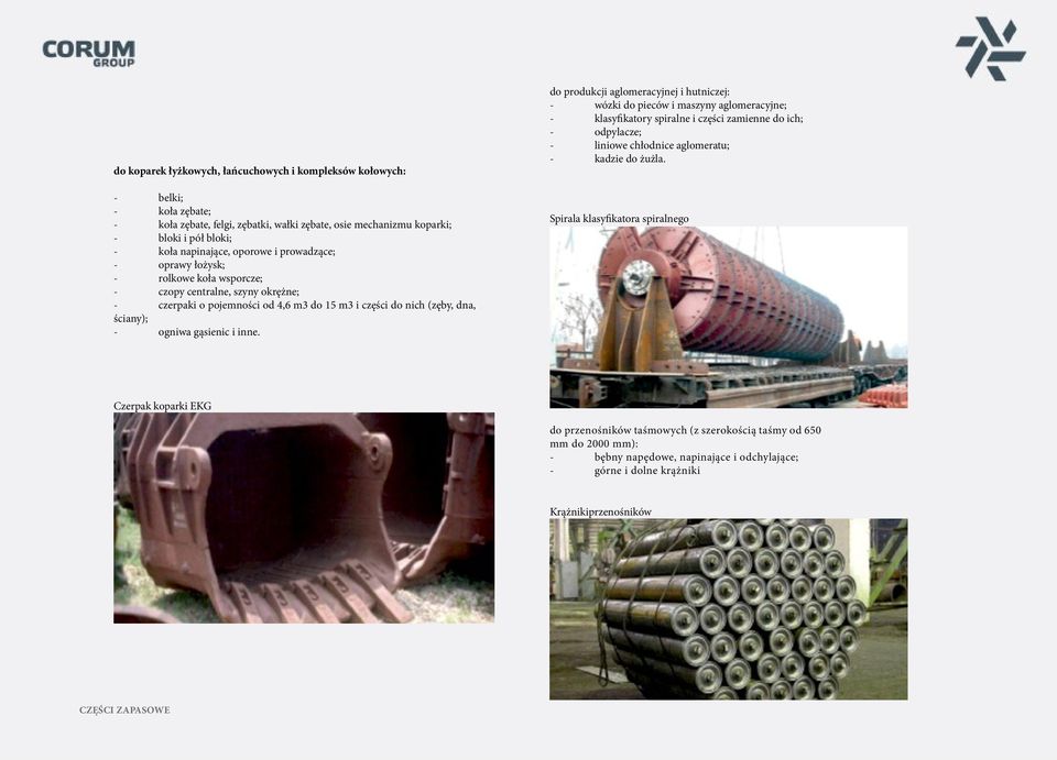 do produkcji aglomeracyjnej i hutniczej: - wózki do pieców i maszyny aglomeracyjne; - klasyfikatory spiralne i części zamienne do ich; - odpylacze; - liniowe chłodnice aglomeratu; - kadzie do żużla.