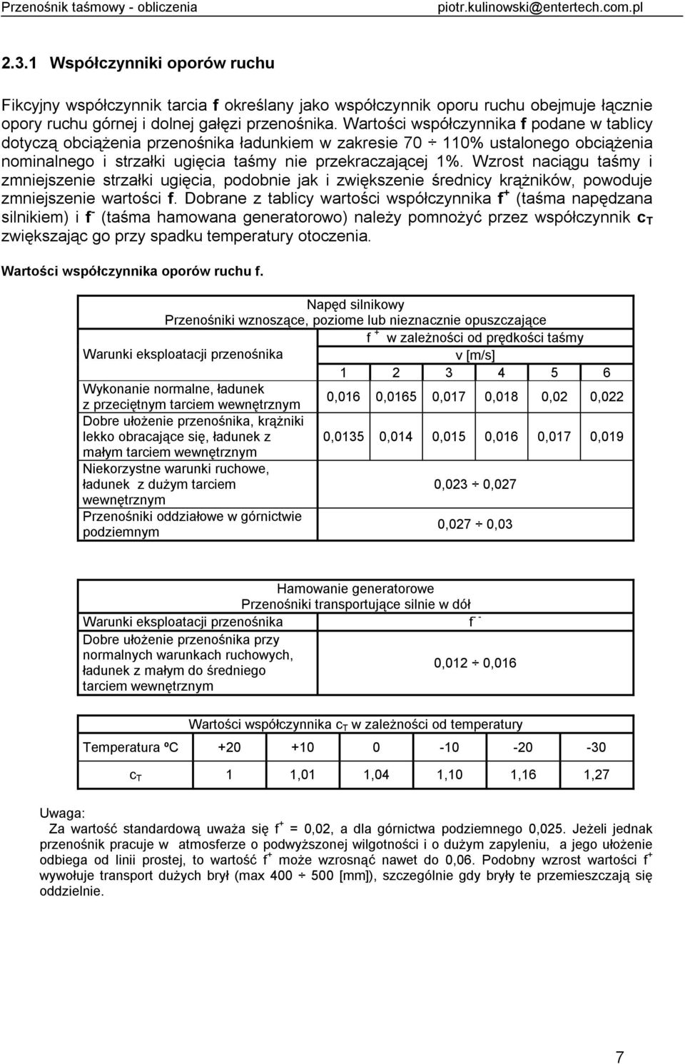 artości współczynnika f podane w tabicy dotyczą obciążenia przenośnika ładunkie w zakresie 70 110% ustaoneo obciążenia noinaneo i strzałki uięcia taśy nie przekraczającej 1%.