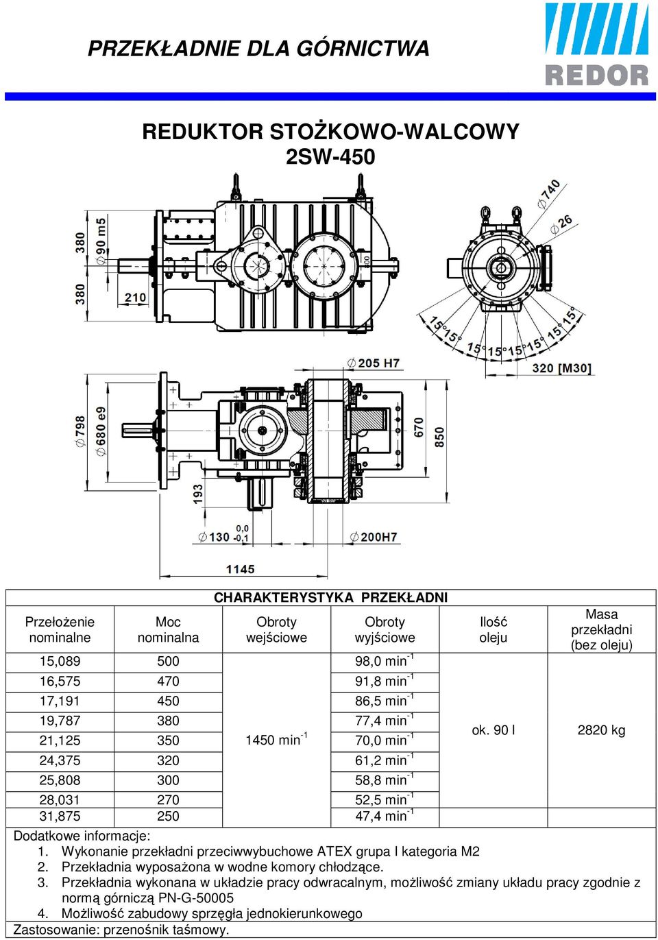 min -1 31,875 250 47,4 min -1 Ilość oleju ok. 90 l Masa przekładni (bez oleju) 2820 kg 2.