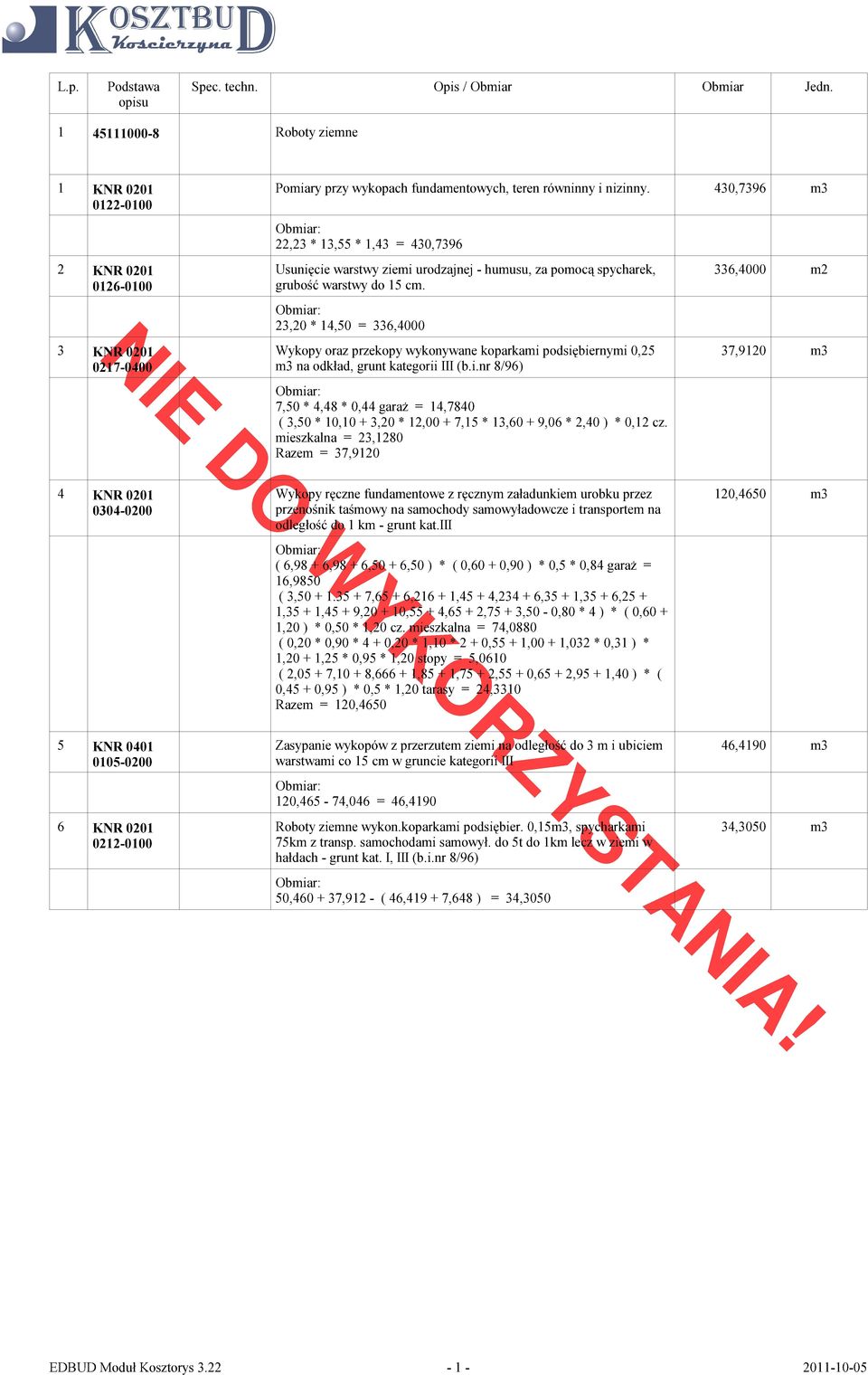 23,20 * 14,50 = 336,4000 Wykopy oraz przekopy wykonywane koparkami podsiębiernymi 0,25 m3 na odkład, grunt kategorii III (b.i.nr 8/96) 7,50 * 4,48 * 0,44 garaż = 14,7840 ( 3,50 * 10,10 + 3,20 * 12,00 + 7,15 * 13,60 + 9,06 * 2,40 ) * 0,12 cz.