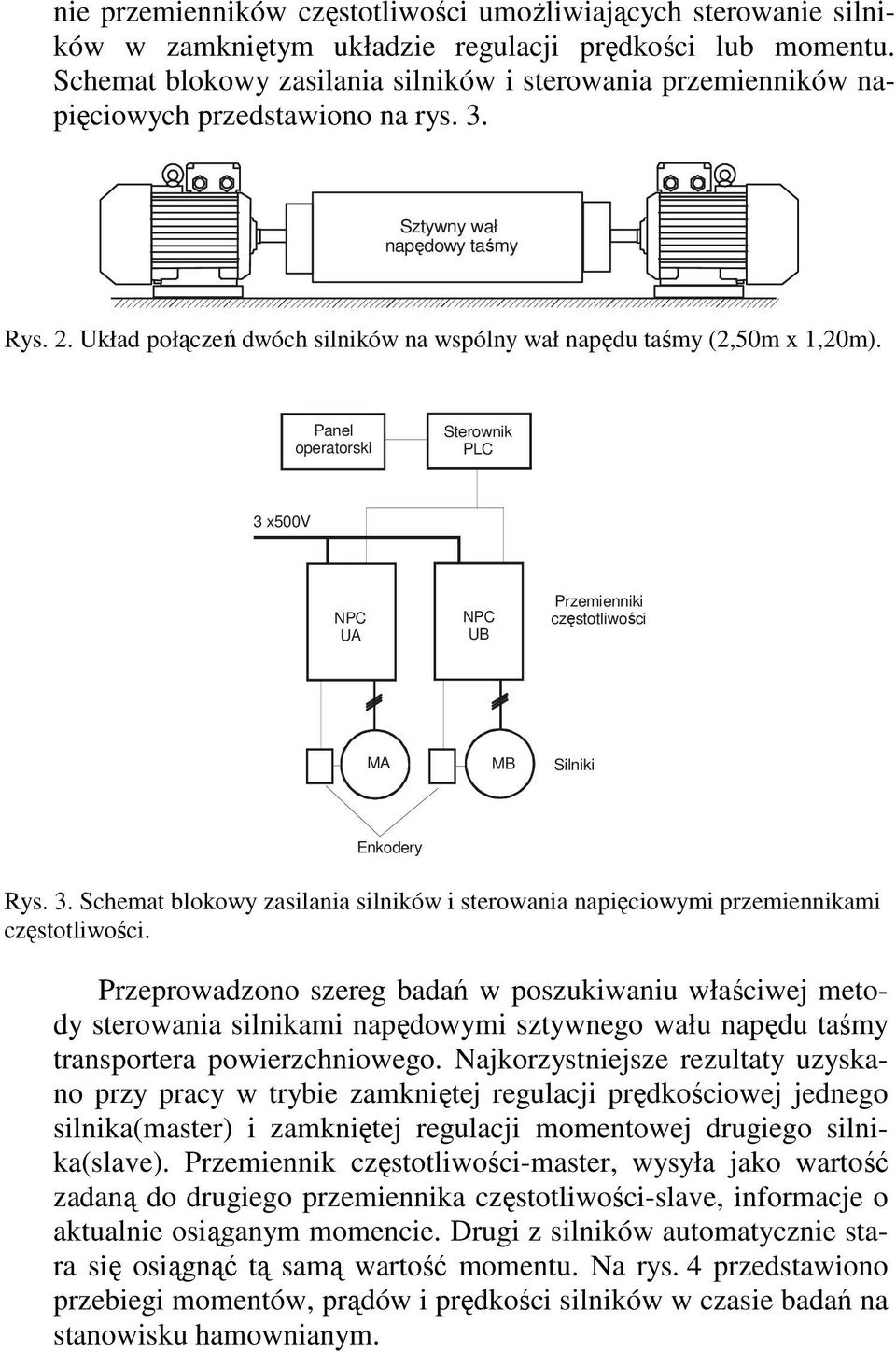 Układ połączeń dwóch silników na wspólny wał napędu taśmy (2,50m x 1,20m). Panel operatorski Sterownik PLC 3 