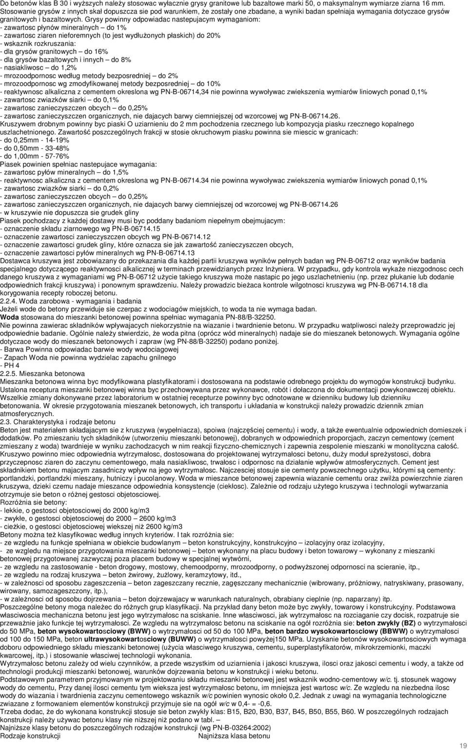 Grysy powinny odpowiadac nastepujacym wymaganiom: - zawartosc płynów mineralnych do 1% - zawartosc ziaren nieforemnych (to jest wydłuŝonych płaskich) do 20% - wskaznik rozkruszania: - dla grysów