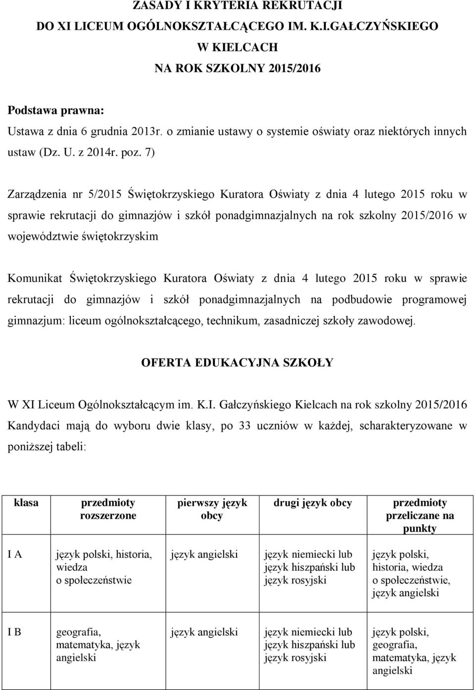 7) Zarządzenia nr 5/2015 Świętokrzyskiego Kuratora Oświaty z dnia 4 lutego 2015 roku w sprawie rekrutacji do gimnazjów i szkół ponadgimnazjalnych na rok szkolny 2015/2016 w województwie