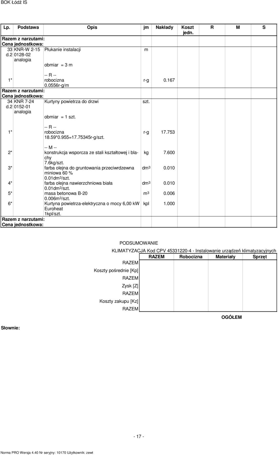 01d 3 / 4* farba olejna nawierzchniowa biała 0.01d 3 / 5* asa betonowa B-20 0.006 3 / 6* Kurtyna powietrza-elektryczna o ocy 6,00 kw Euroheat 1kpl/ r-g 0.167 r-g 17.753 kg 7.