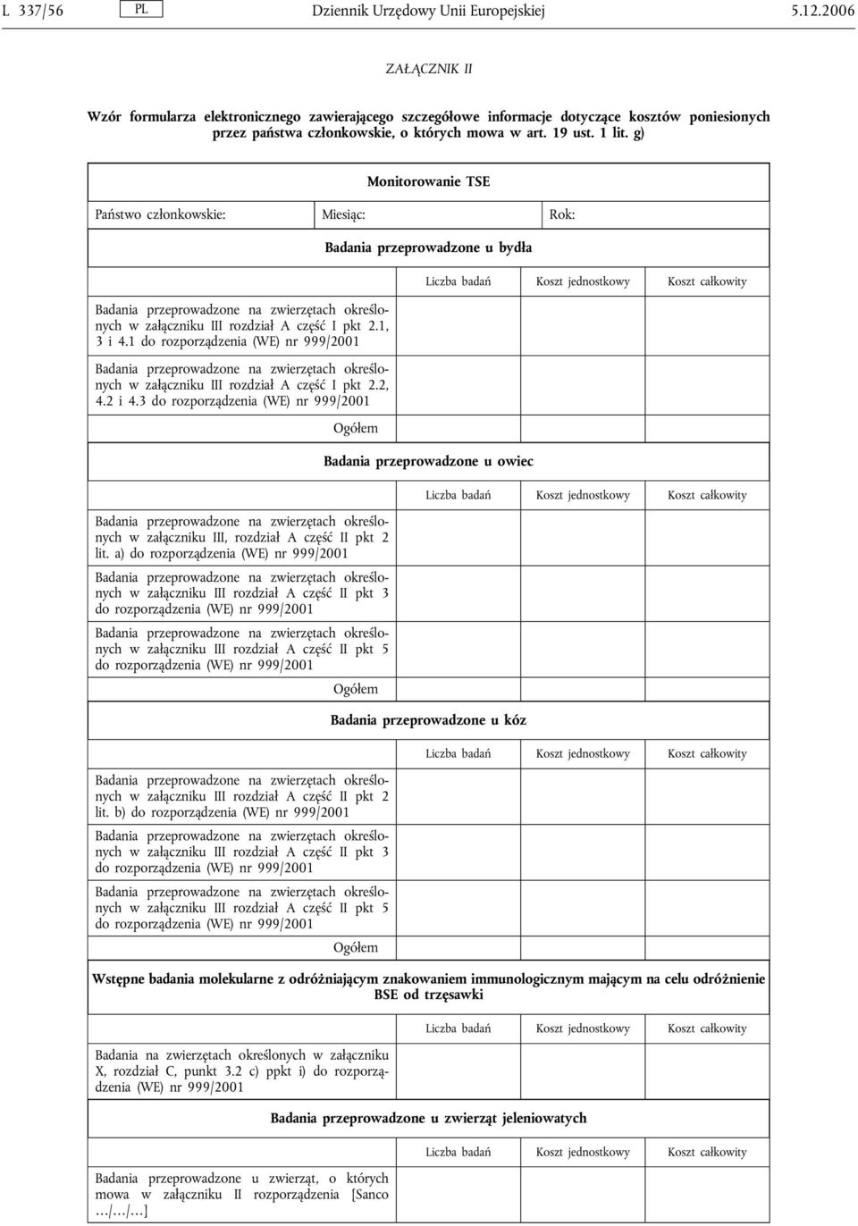 g) Monitorowanie TSE Państwo członkowskie: Miesiąc: Rok: w załączniku III rozdział Aczęść I pkt 2.1, 3 i 4.1 do rozporządzenia (WE) nr 999/2001 w załączniku III rozdział Aczęść I pkt 2.2, 4.2 i 4.