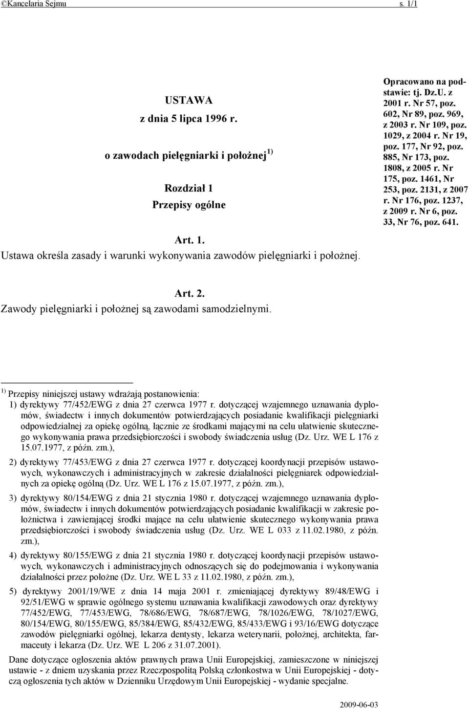 33, Nr 76, poz. 641. Art. 1. Ustawa określa zasady i warunki wykonywania zawodów pielęgniarki i położnej. Art. 2. Zawody pielęgniarki i położnej są zawodami samodzielnymi.