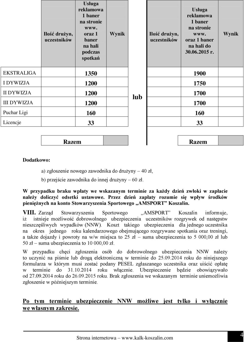 zawodnika do innej drużyny 60 zł. W przypadku braku wpłaty we wskazanym terminie za każdy dzień zwłoki w zapłacie należy doliczyć odsetki ustawowe.