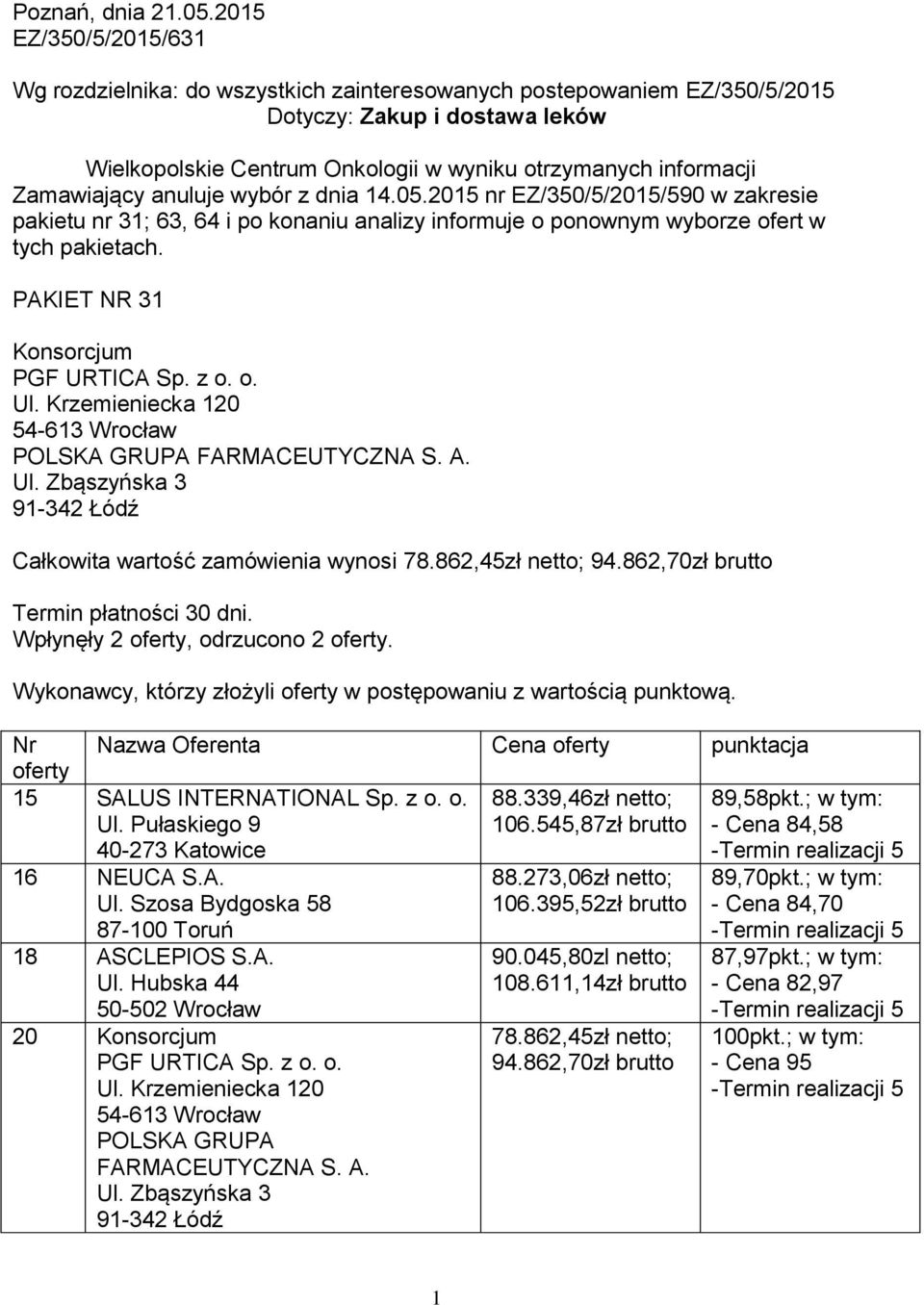 Zamawiający anuluje wybór z dnia 14.05.2015 nr EZ/350/5/2015/590 w zakresie pakietu nr 31; 63, 64 i po konaniu analizy informuje o ponownym wyborze ofert w tych pakietach.