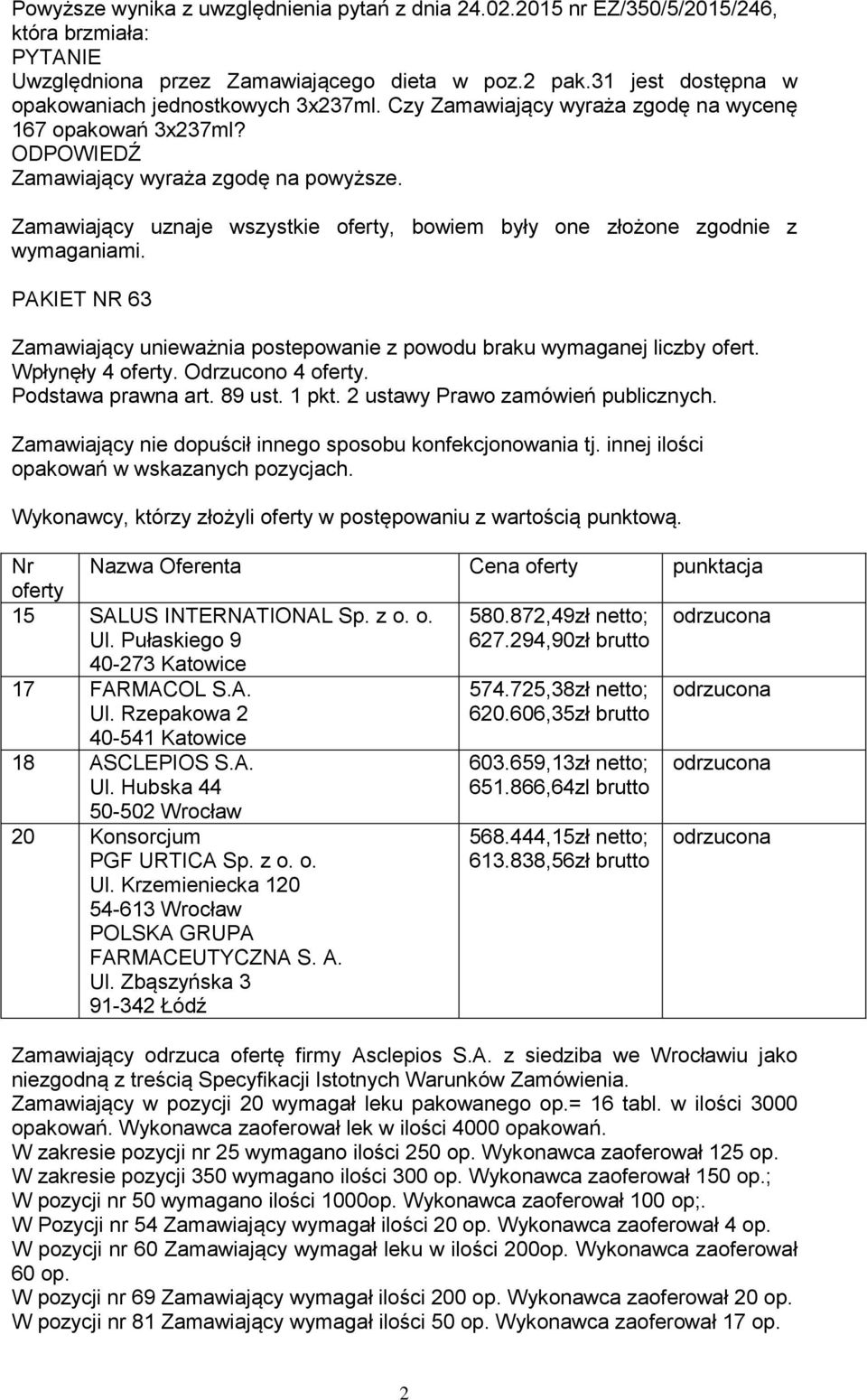 Zamawiający uznaje wszystkie oferty, bowiem były one złożone zgodnie z wymaganiami. PAKIET NR 63 Zamawiający unieważnia postepowanie z powodu braku wymaganej liczby ofert. Wpłynęły 4 oferty.