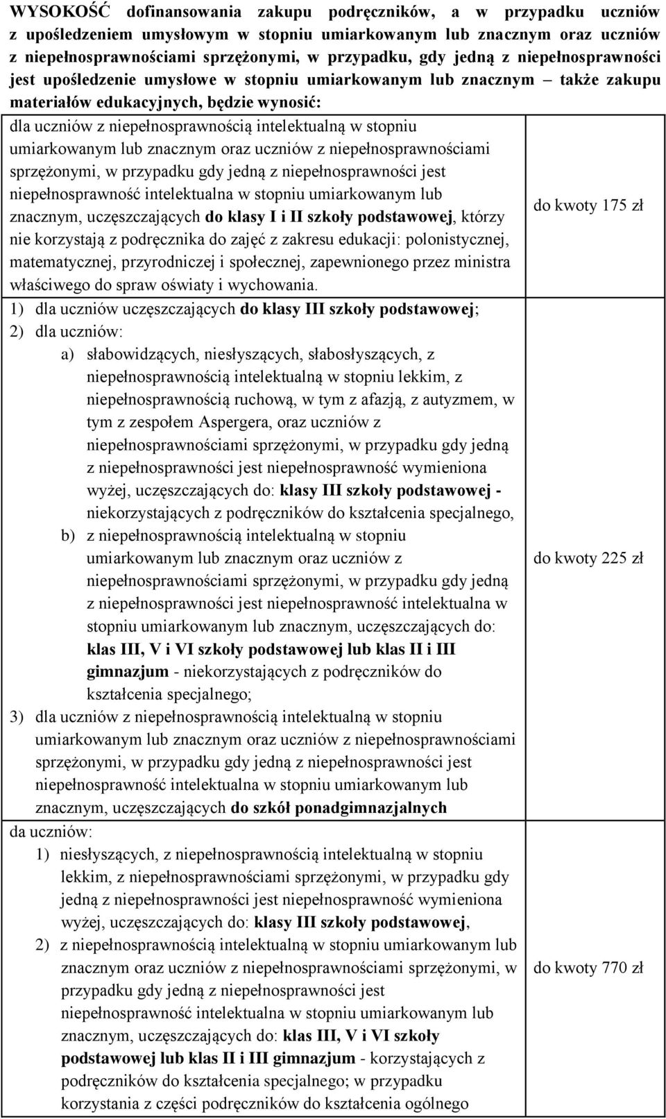 stopniu umiarkowanym lub znacznym oraz uczniów z niepełnosprawnościami sprzężonymi, w przypadku gdy jedną z niepełnosprawności jest do kwoty 175 zł znacznym, uczęszczających do klasy I i II szkoły