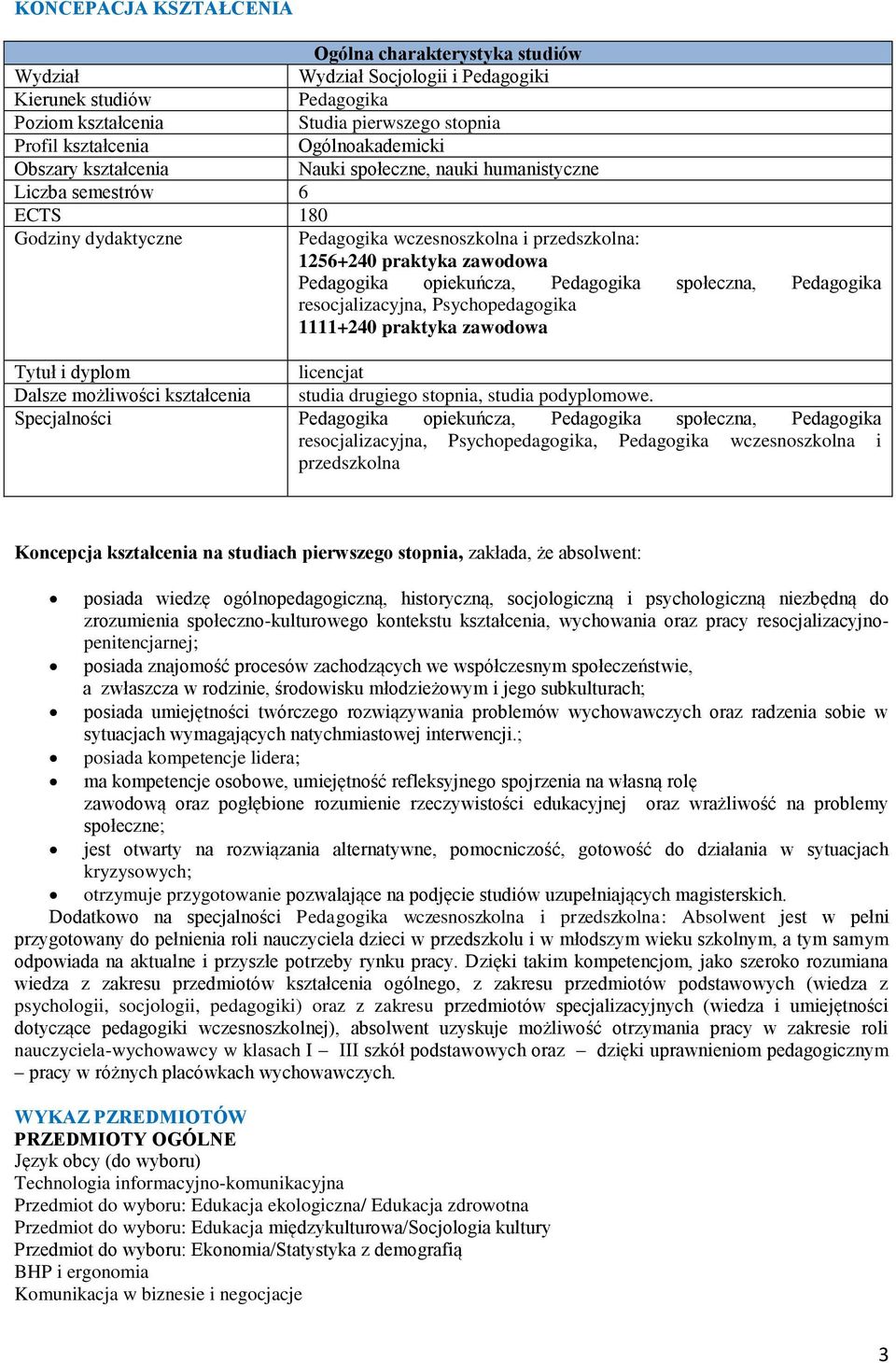 Pedagogika resocjalizacyjna, Psychopedagogika 1111+240 praktyka zawodowa Tytuł i dyplom licencjat Dalsze możliwości kształcenia studia drugiego stopnia, studia podyplomowe.