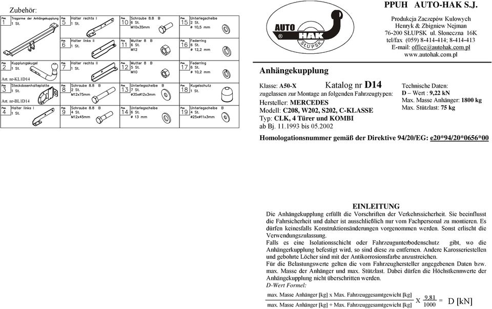 13 bis 05.2002 PPUH AUTO-HAK S.J. Produkcja Zaczepów Kulowych Henryk & Zbigniew Nejman 76-200 SŁUPSK ul. Słoneczna 16K tel/fax (05) 8-414-414; 8-414-413 E-mail: office@autohak.com.