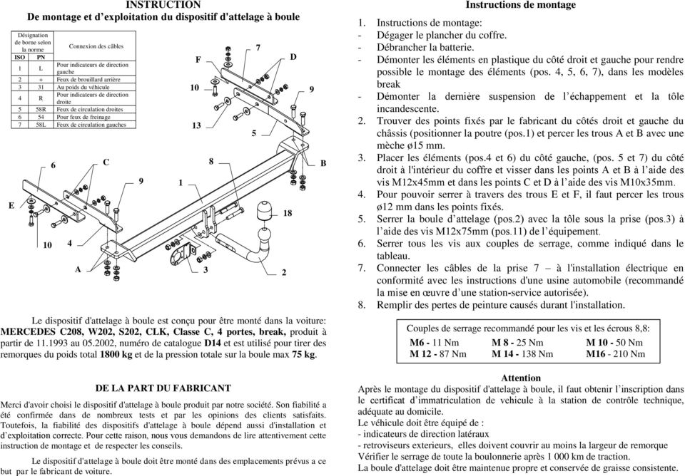 dispositif d'attelage à boule est conçu pour être monté dans la voiture: MERCEDES C208, W202, S202, CLK, Classe C, 4 portes, break, produit à partir de 11.13 au 05.