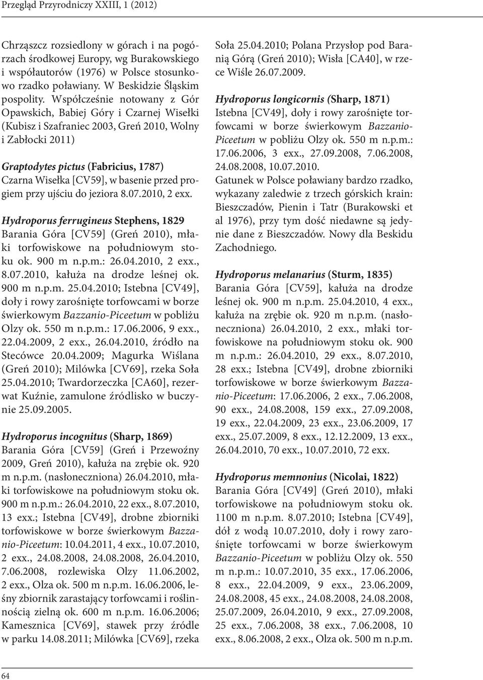 Współcześnie notowany z Gór Opawskich, Babiej Góry i Czarnej Wisełki (Kubisz i Szafraniec 2003, Greń 2010, Wolny i Zabłocki 2011) Graptodytes pictus (Fabricius, 1787) Czarna Wisełka [CV59], w basenie