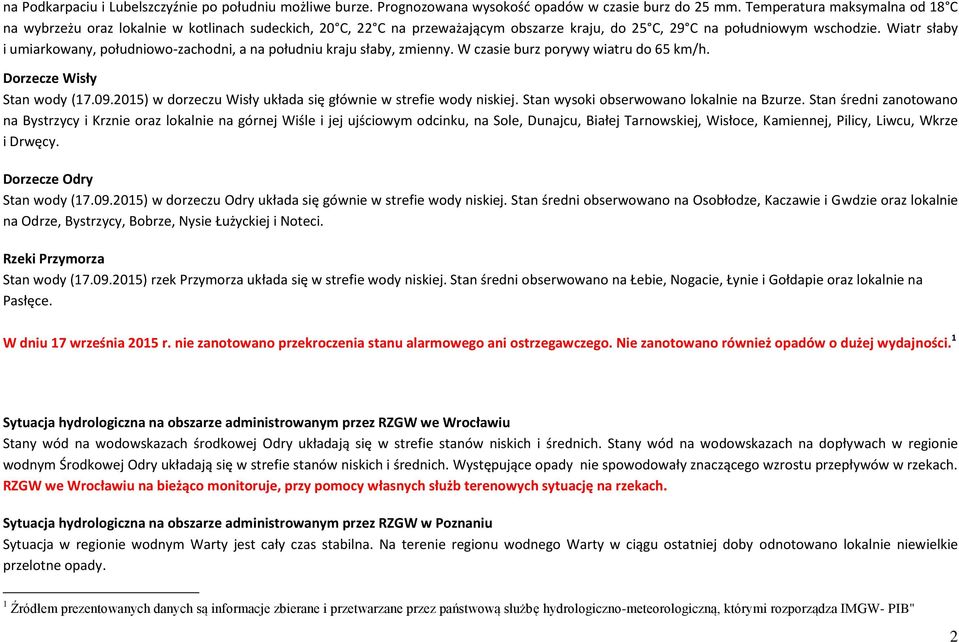 Wiatr słaby i umiarkowany, południowo-zachodni, a na południu kraju słaby, zmienny. W czasie burz porywy wiatru do 65 km/h. Dorzecze Wisły Stan wody (17.09.