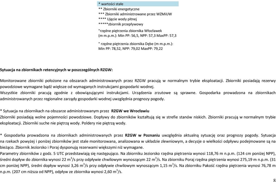 trybie eksploatacji. Zbiorniki posiadają rezerwy powodziowe wymagane bądź większe od wymaganych instrukcjami gospodarki wodnej. Wszystkie zbiorniki pracują zgodnie z obowiązującymi instrukcjami.