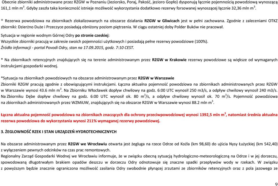 * Rezerwa powodziowa na zbiornikach zlokalizowanych na obszarze działania RZGW w Gliwicach jest w pełni zachowana.