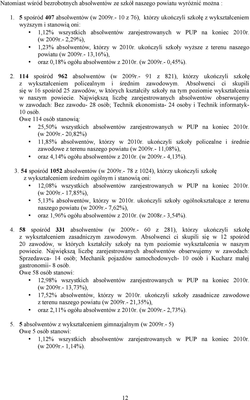 szkoły wyższe z terenu naszego (w 2009r.- 13,16%), oraz 0,18% ogółu absolwentów z 2010r. (w 2009r.- 0,45%). 2. 114 spośród 962 absolwentów (w 2009r.