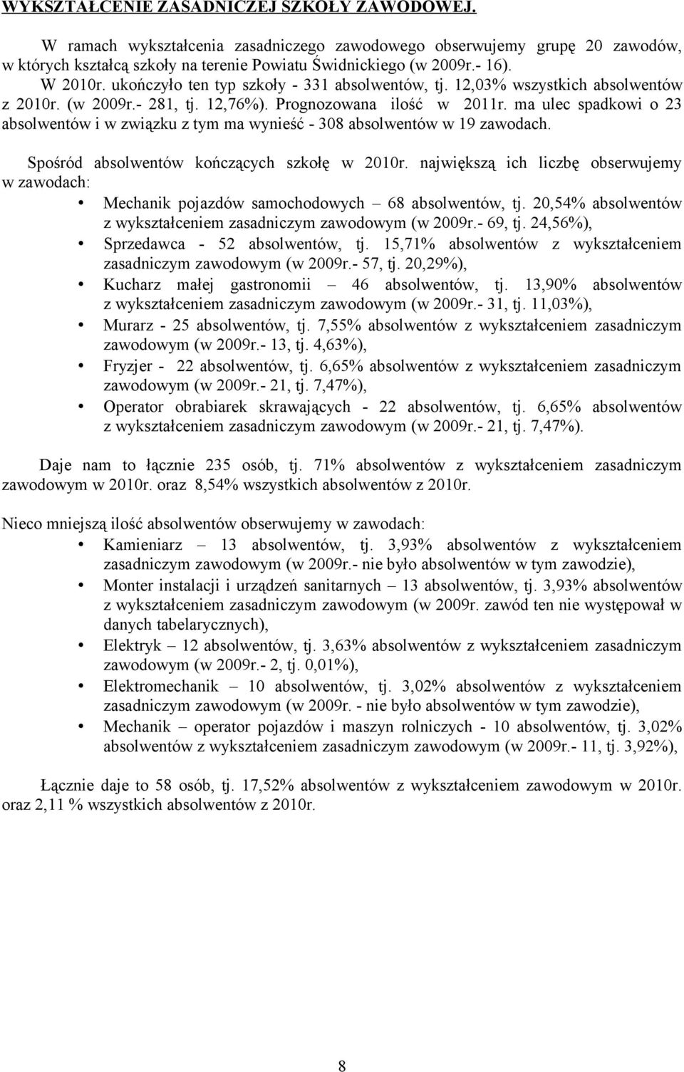 ma ulec spadkowi o 23 absolwentów i w związku z tym ma wynieść - 308 absolwentów w 19 zawodach. Spośród absolwentów kończących w 2010r.