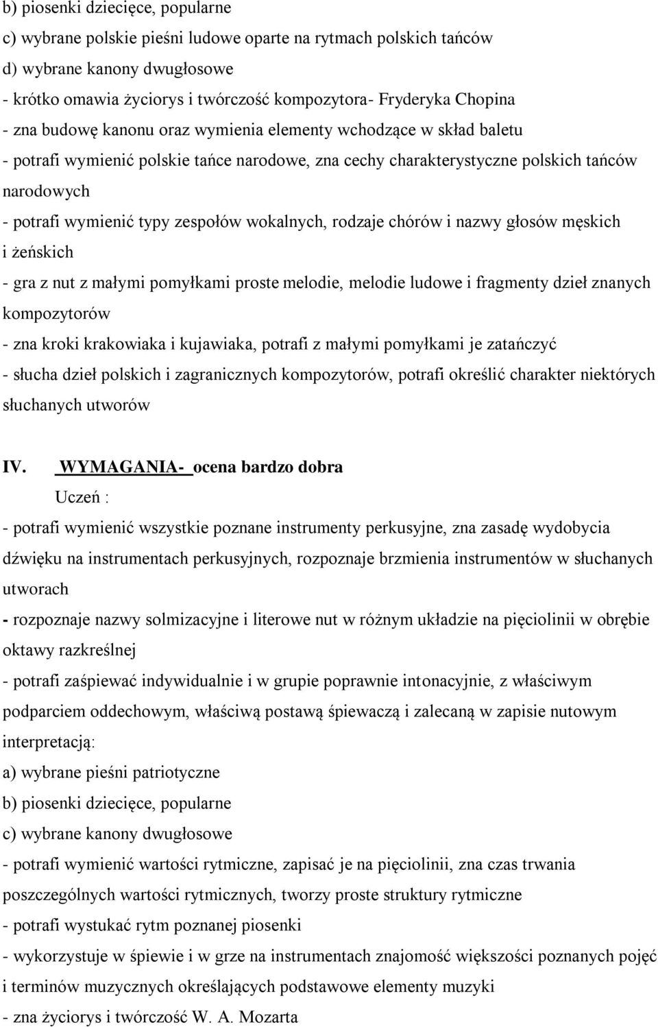 wokalnych, rodzaje chórów i nazwy głosów męskich i żeńskich - gra z nut z małymi pomyłkami proste melodie, melodie ludowe i fragmenty dzieł znanych kompozytorów - zna kroki krakowiaka i kujawiaka,