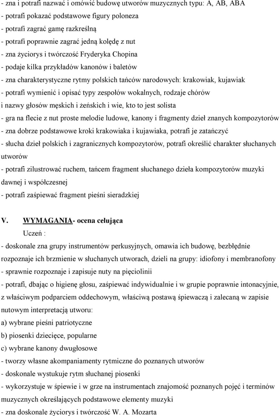 zespołów wokalnych, rodzaje chórów i nazwy głosów męskich i żeńskich i wie, kto to jest solista - gra na flecie z nut proste melodie ludowe, kanony i fragmenty dzieł znanych kompozytorów - zna dobrze