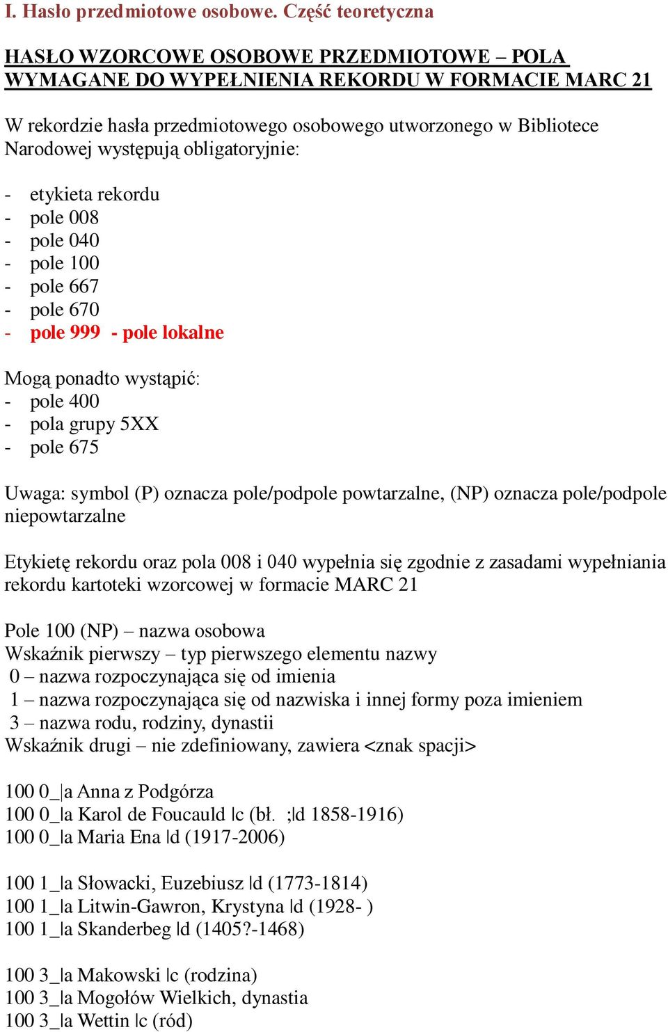 obligatoryjnie: - etykieta rekordu - pole 008 - pole 040 - pole 100 - pole 667 - pole 670 - pole 999 - pole lokalne Mogą ponadto wystąpić: - pole 400 - pola grupy 5XX - pole 675 Uwaga: symbol (P)